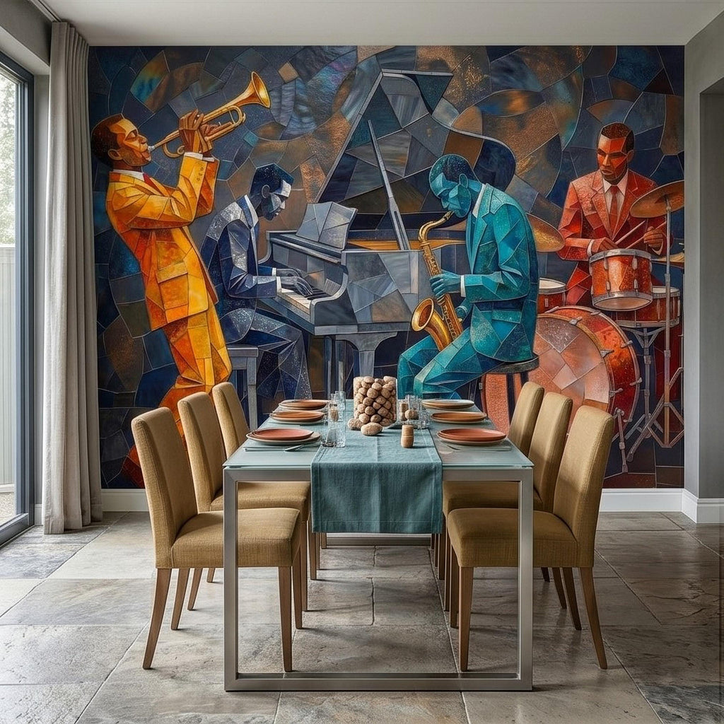 Cubist Jazz Band Peel and Stick Wall Mural, Geometric Mosaic Musicians with Trumpet Piano Sax Drums, Mid Century Art Deco Lounge Wallpaper