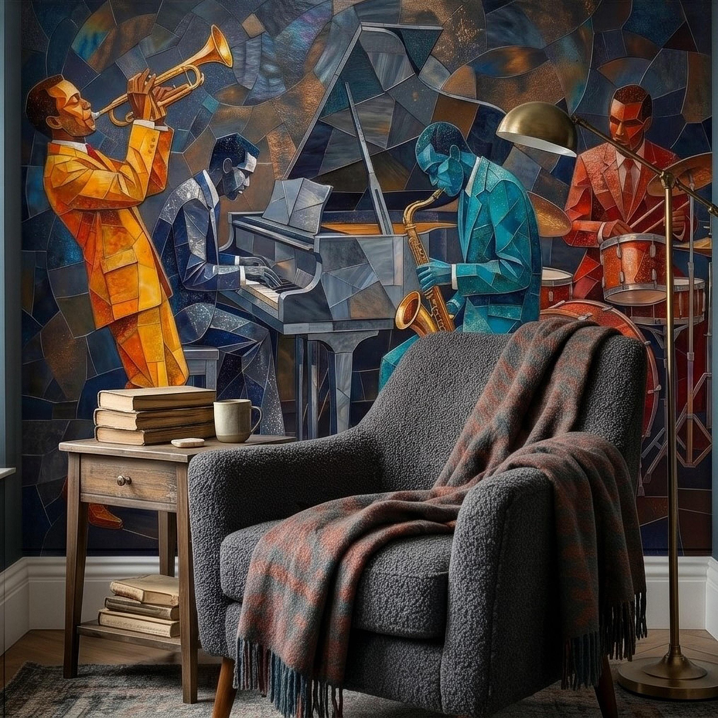 Cubist Jazz Band Peel and Stick Wall Mural, Geometric Mosaic Musicians with Trumpet Piano Sax Drums, Mid Century Art Deco Lounge Wallpaper