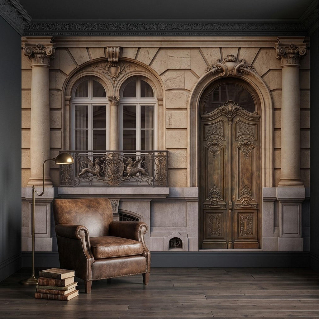 Parisian Facade Peel and Stick Wall Mural, Ornate French Door & Balcony, Vintage European Architecture, Classical Stone Columns Wallpaper