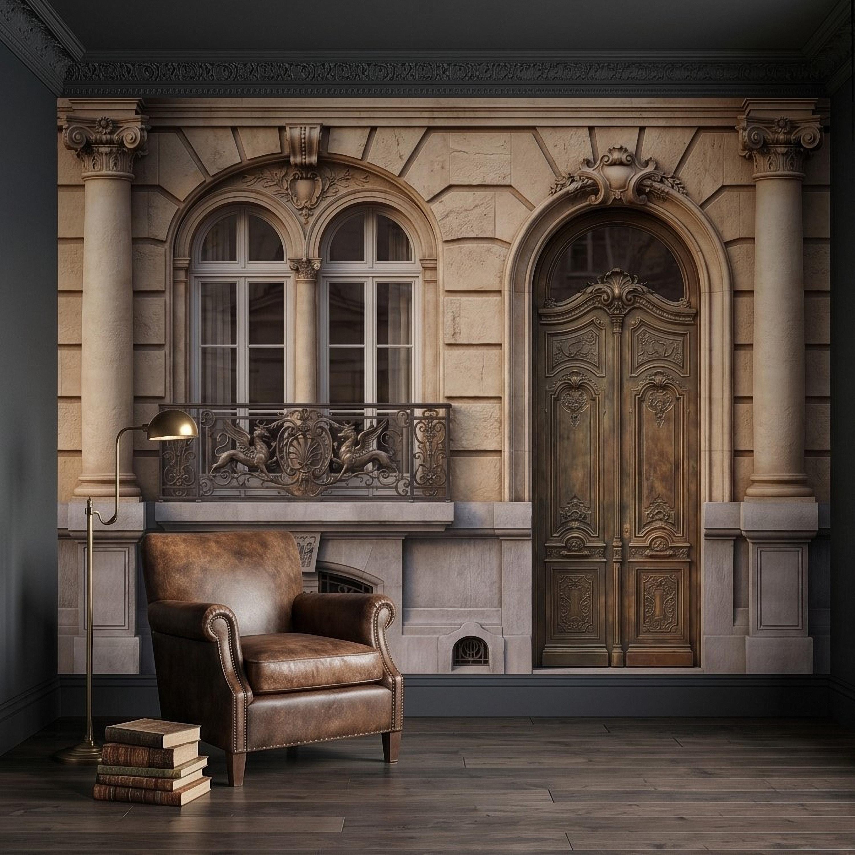 Parisian Facade Peel and Stick Wall Mural, Ornate French Door & Balcony, Vintage European Architecture, Classical Stone Columns Wallpaper