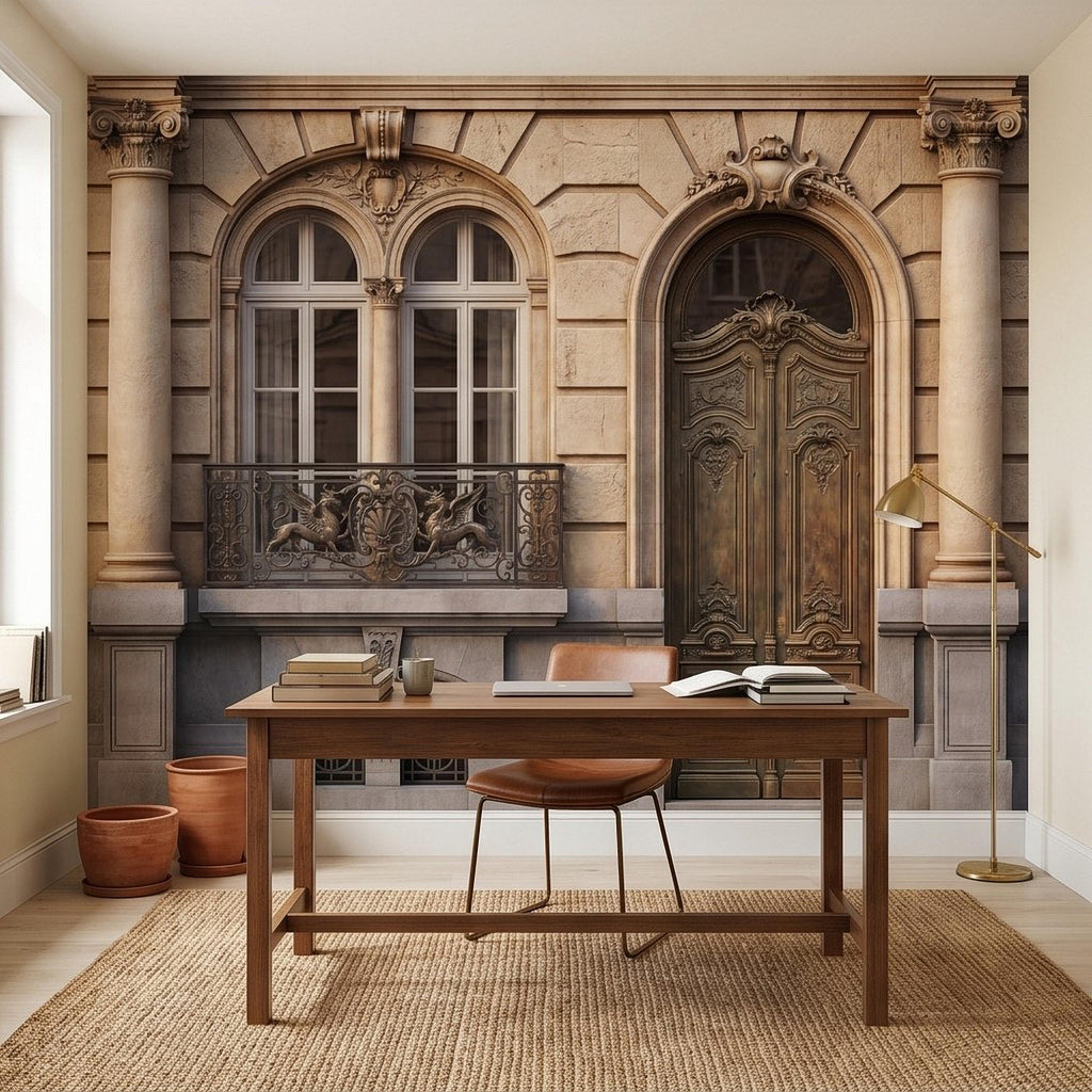 Parisian Facade Peel and Stick Wall Mural, Ornate French Door & Balcony, Vintage European Architecture, Classical Stone Columns Wallpaper