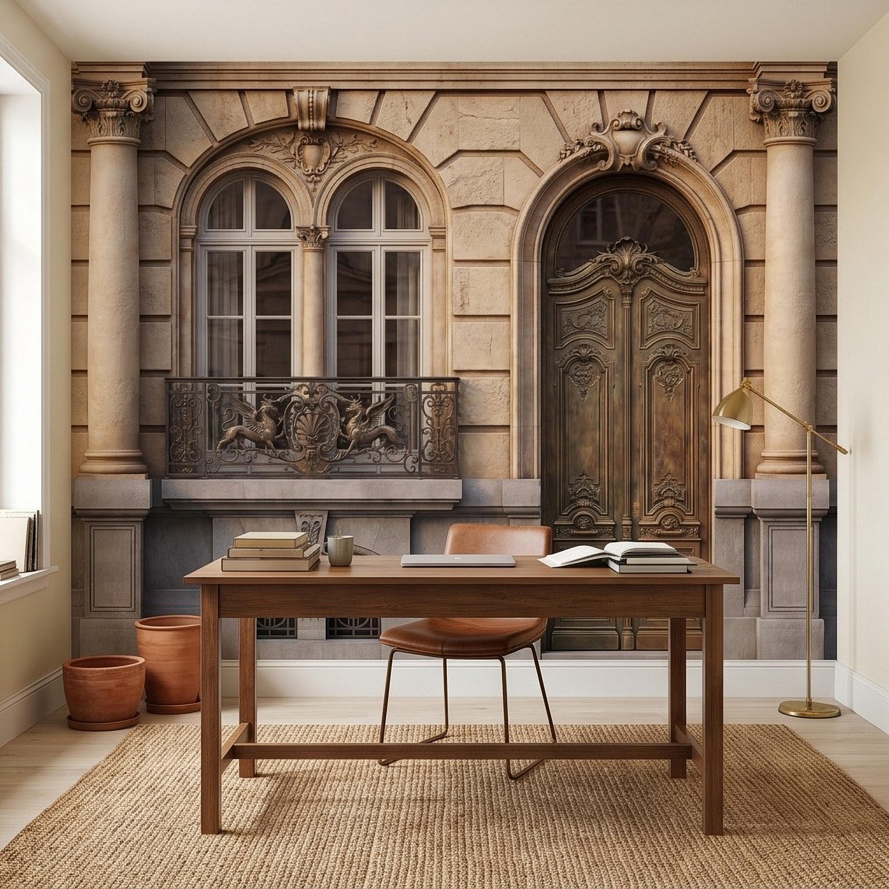 Parisian Facade Peel and Stick Wall Mural, Ornate French Door & Balcony, Vintage European Architecture, Classical Stone Columns Wallpaper