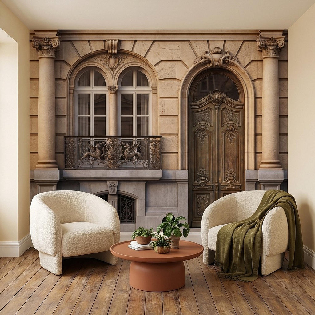 Parisian Facade Peel and Stick Wall Mural, Ornate French Door & Balcony, Vintage European Architecture, Classical Stone Columns Wallpaper
