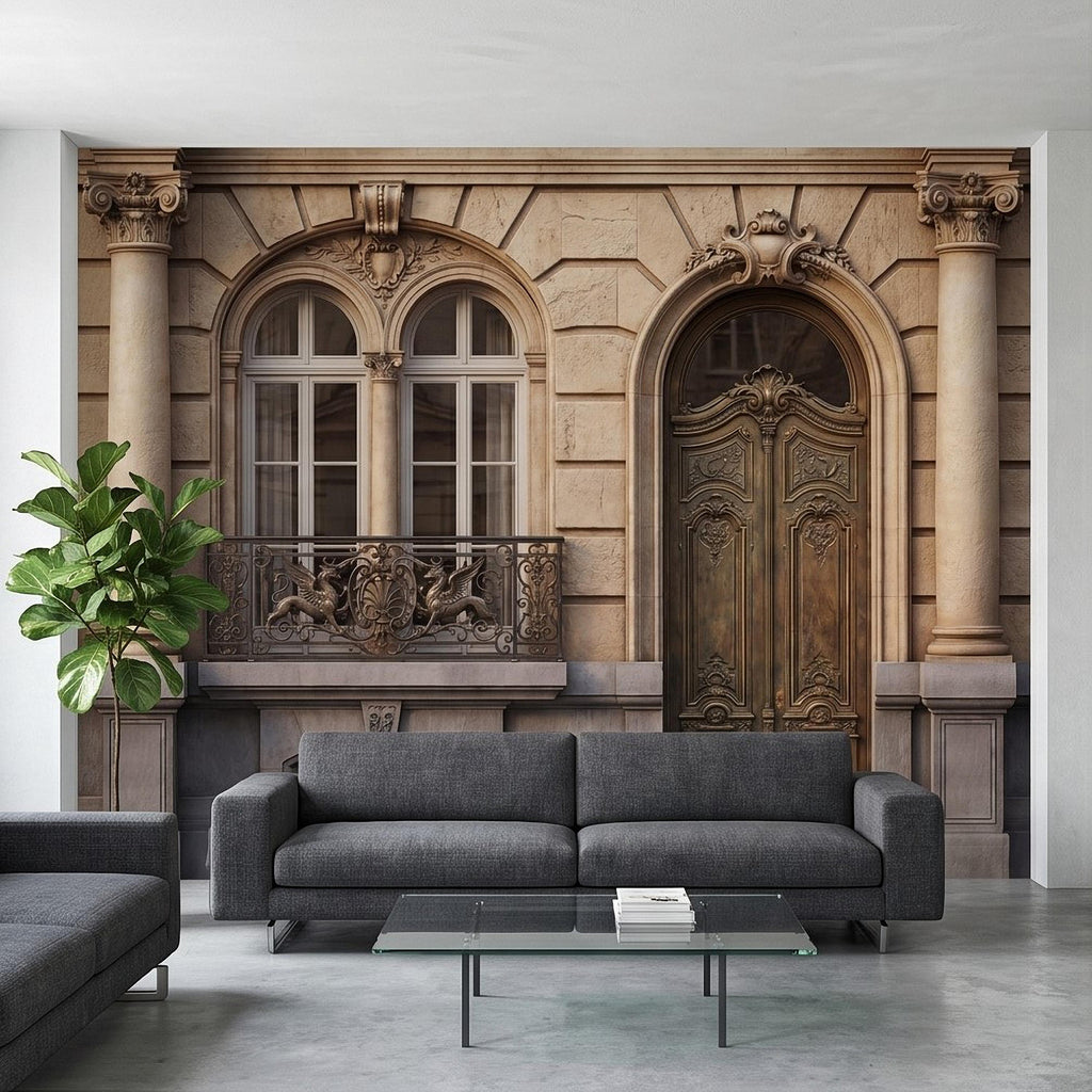 Parisian Facade Peel and Stick Wall Mural, Ornate French Door & Balcony, Vintage European Architecture, Classical Stone Columns Wallpaper