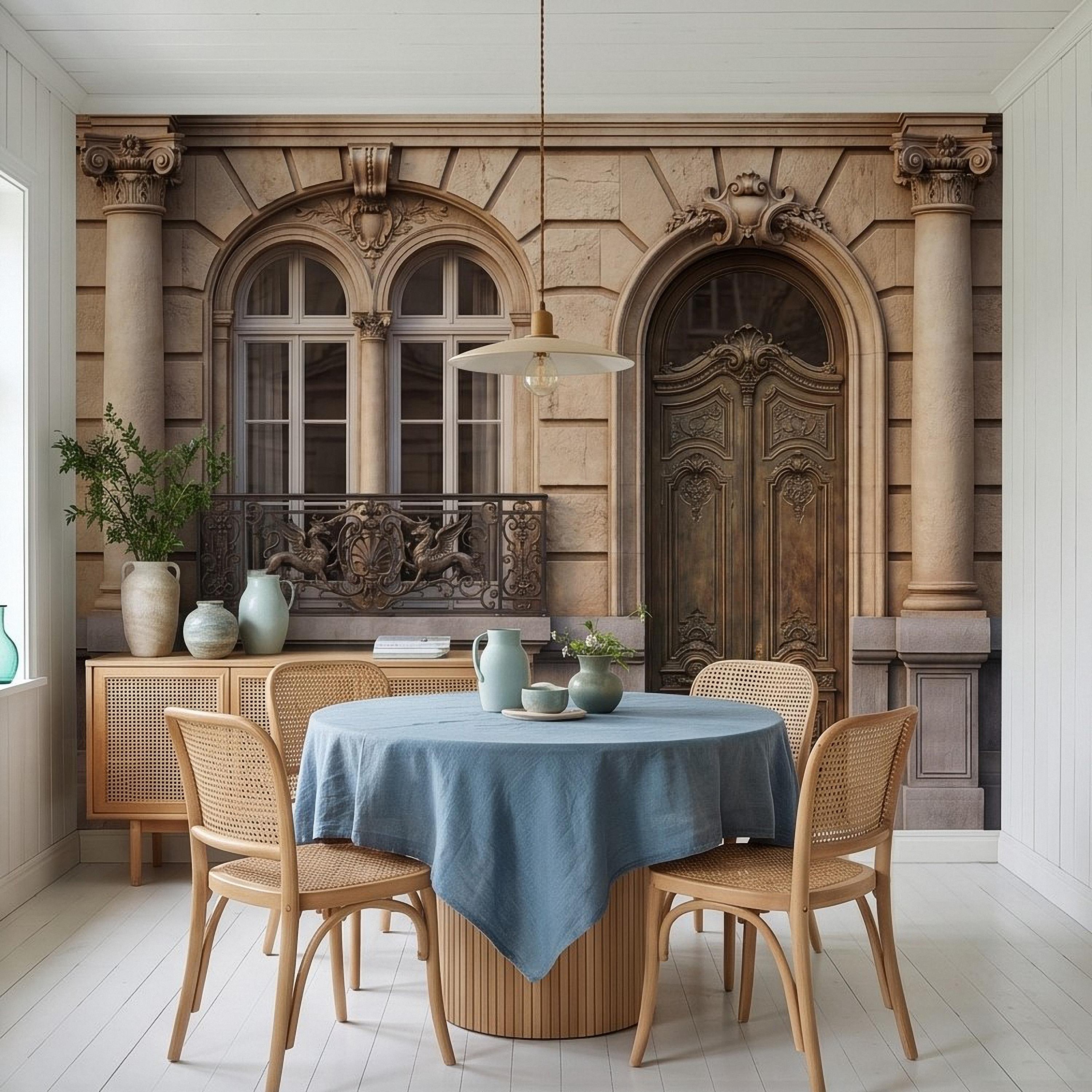 Parisian Facade Peel and Stick Wall Mural, Ornate French Door & Balcony, Vintage European Architecture, Classical Stone Columns Wallpaper
