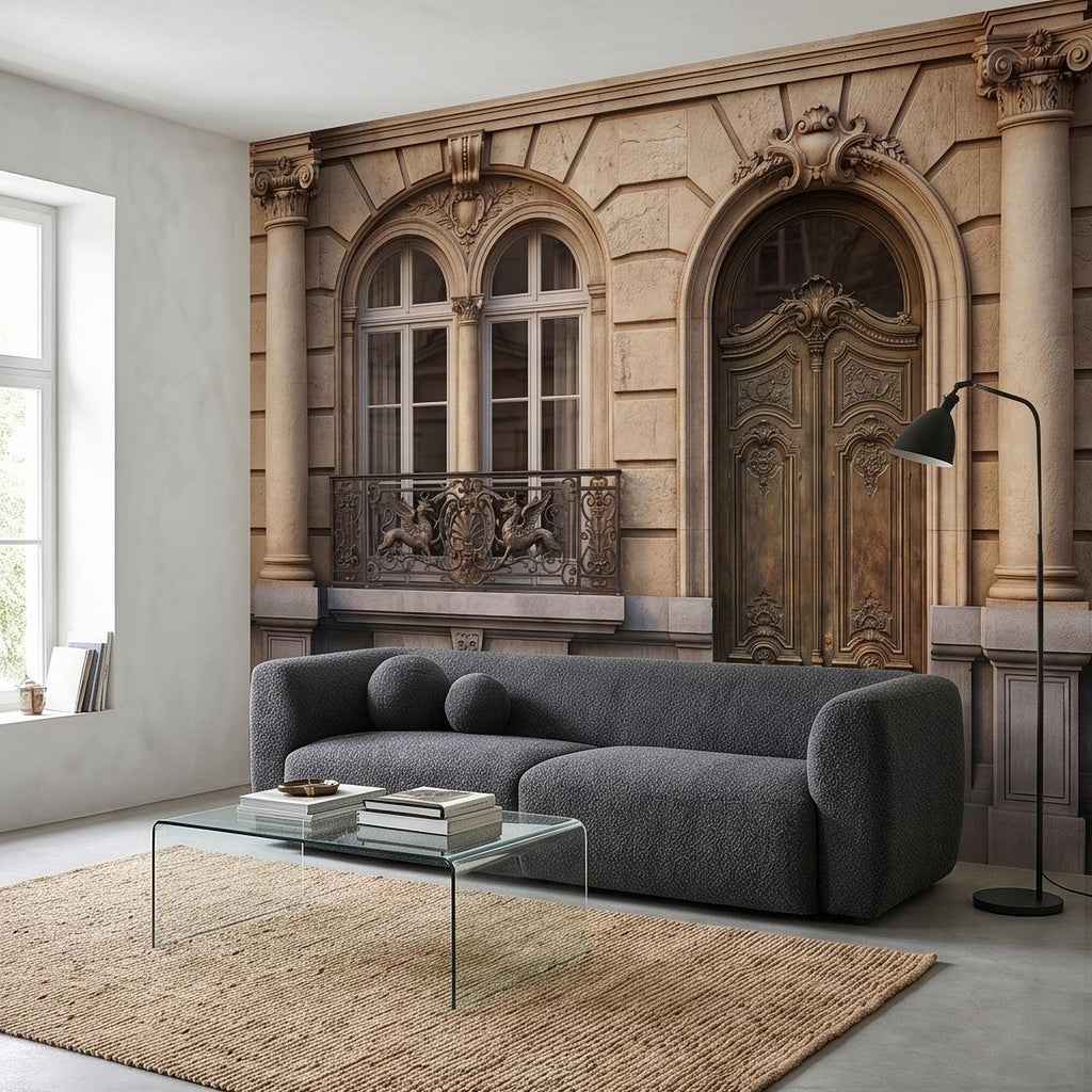 Parisian Facade Peel and Stick Wall Mural, Ornate French Door & Balcony, Vintage European Architecture, Classical Stone Columns Wallpaper