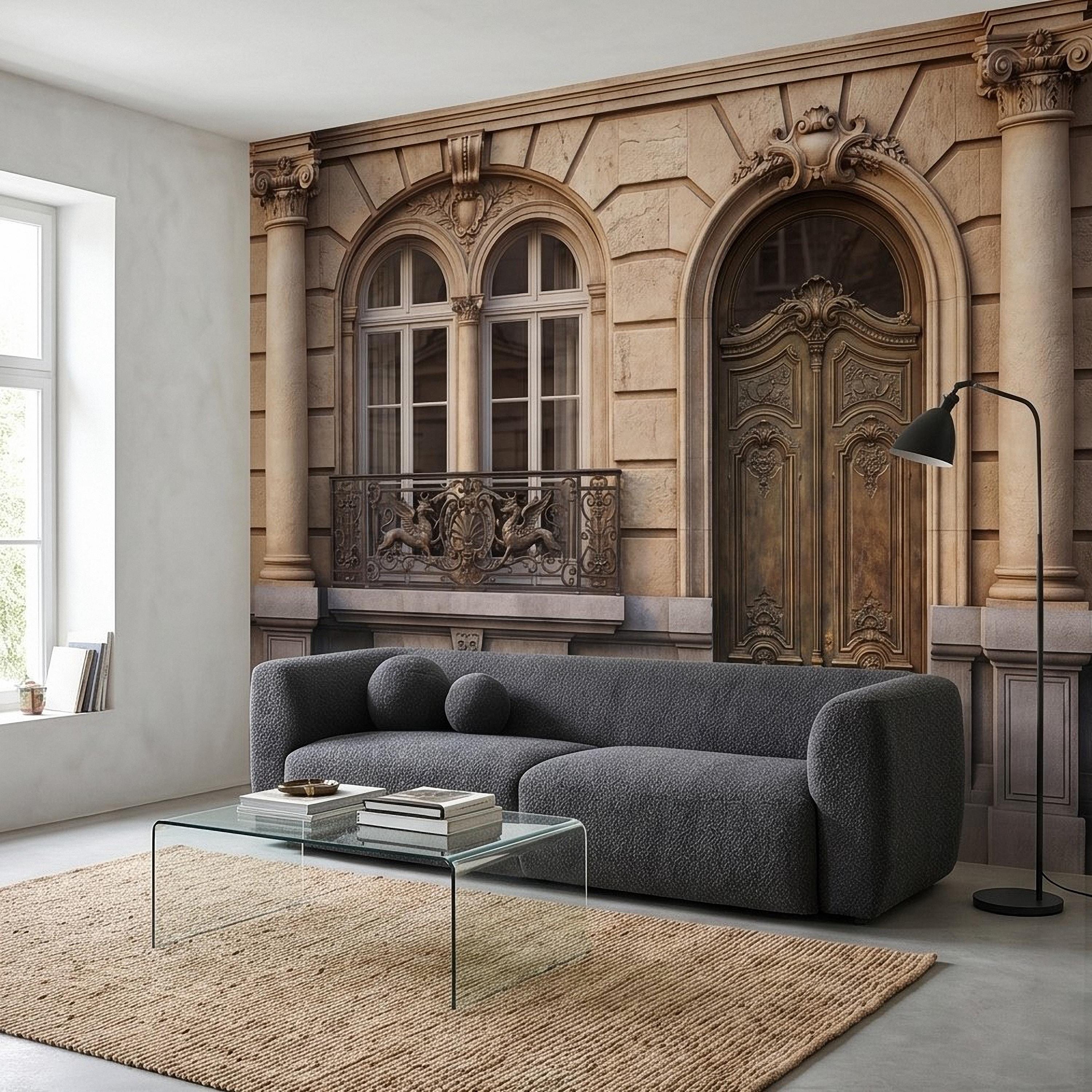 Parisian Facade Peel and Stick Wall Mural, Ornate French Door & Balcony, Vintage European Architecture, Classical Stone Columns Wallpaper