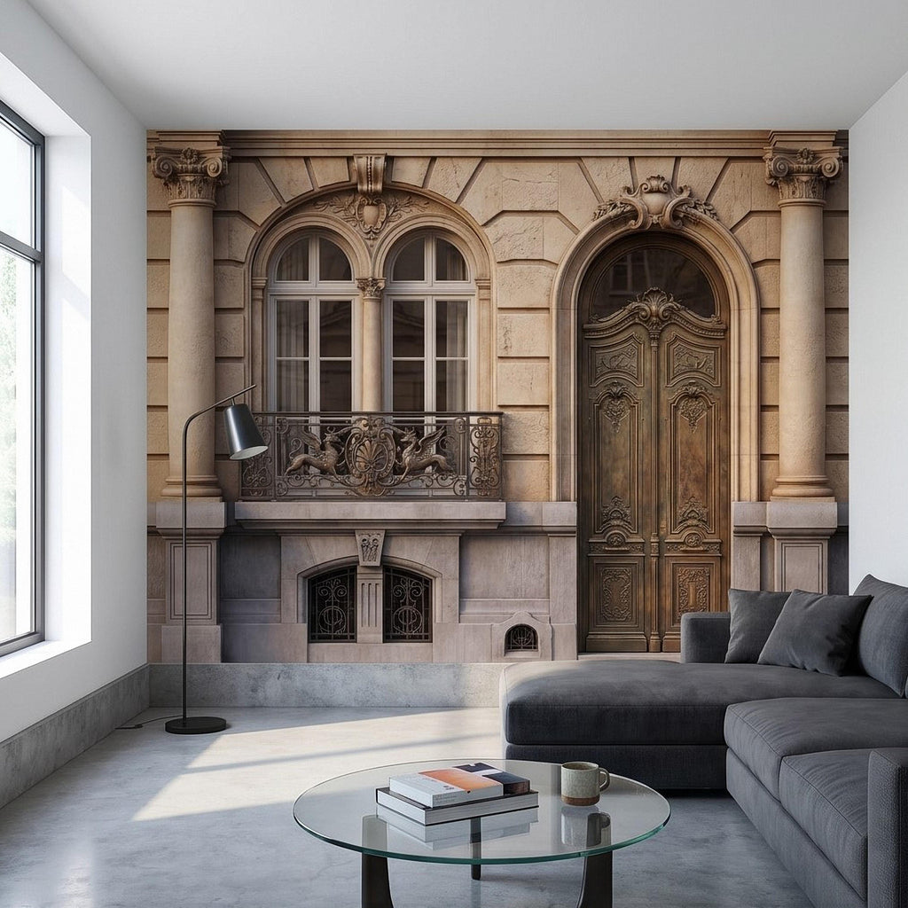 Parisian Facade Peel and Stick Wall Mural, Ornate French Door & Balcony, Vintage European Architecture, Classical Stone Columns Wallpaper