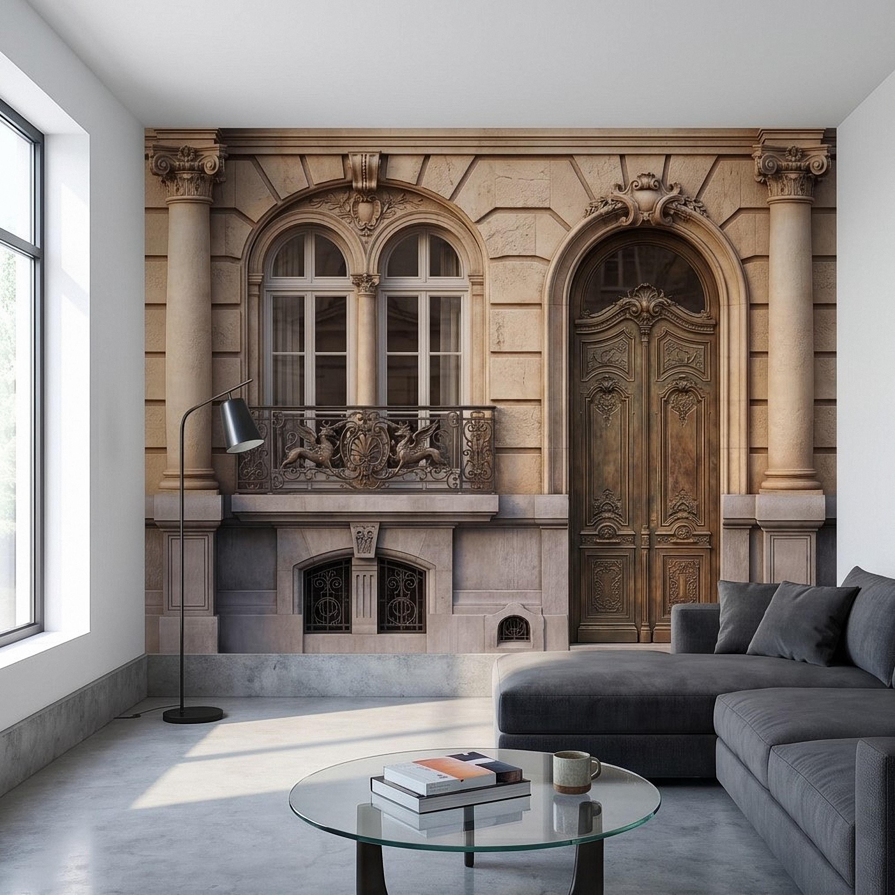Parisian Facade Peel and Stick Wall Mural, Ornate French Door & Balcony, Vintage European Architecture, Classical Stone Columns Wallpaper
