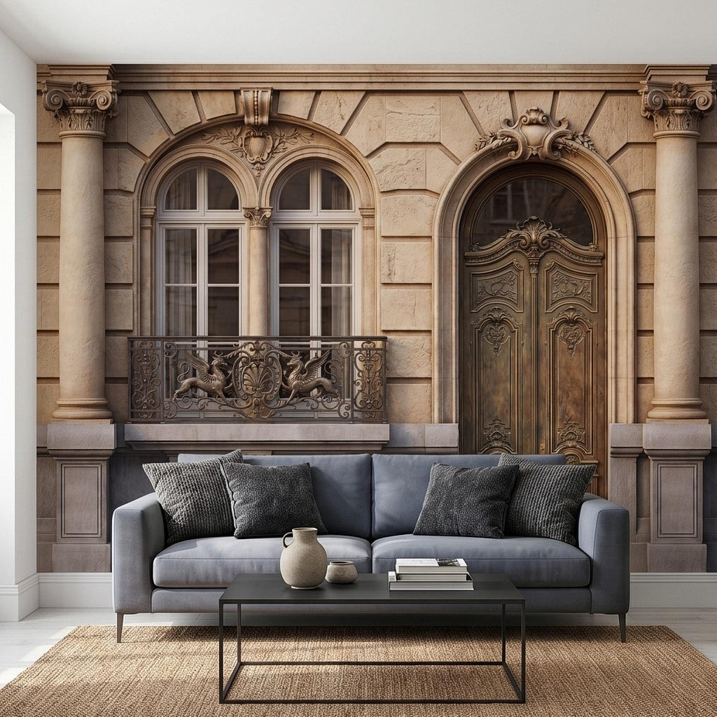 Parisian Facade Peel and Stick Wall Mural, Ornate French Door & Balcony, Vintage European Architecture, Classical Stone Columns Wallpaper