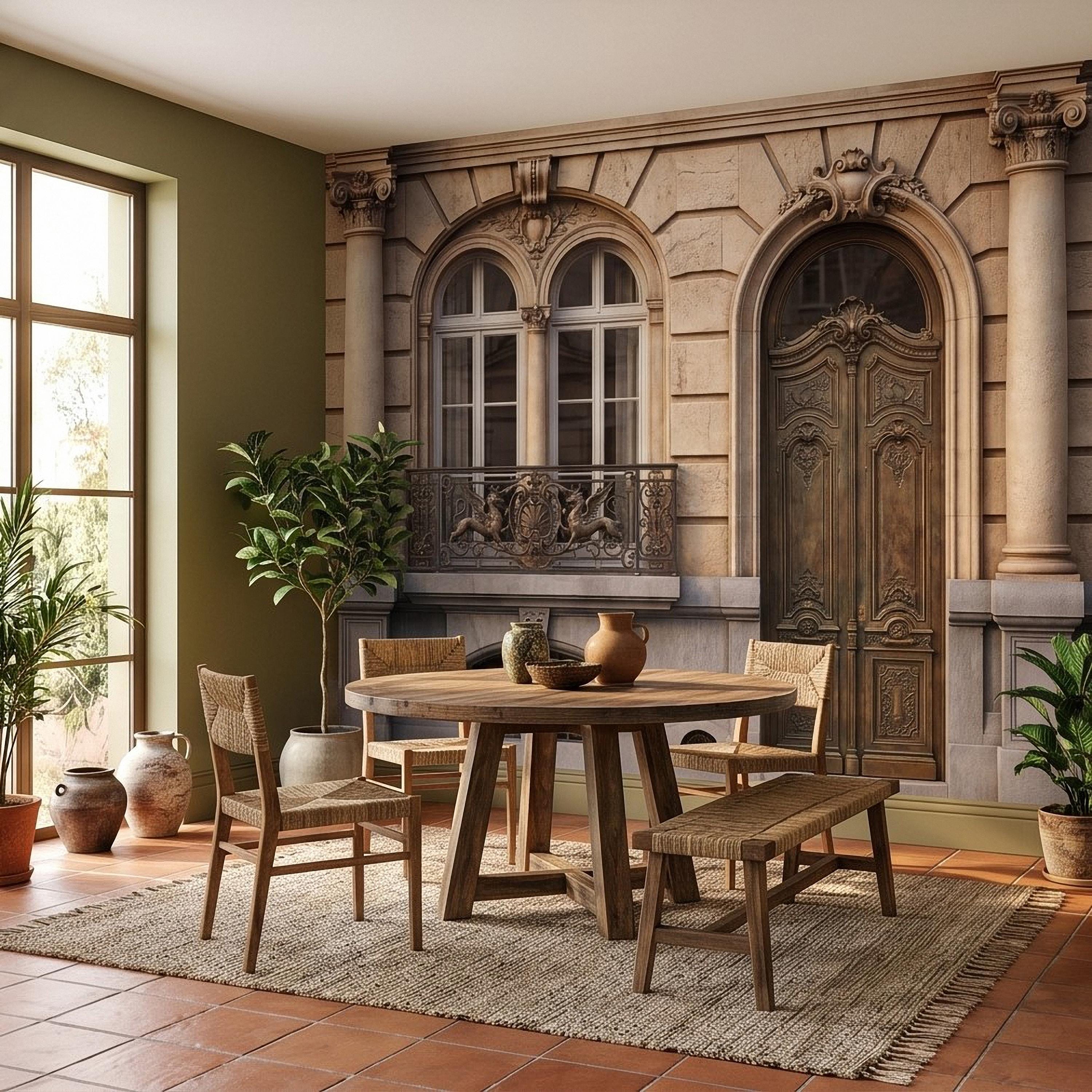 Parisian Facade Peel and Stick Wall Mural, Ornate French Door & Balcony, Vintage European Architecture, Classical Stone Columns Wallpaper