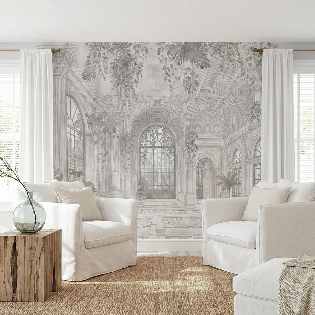 Botanical Conservatory Peel and Stick Wall Mural, Vintage Greenhouse Atrium with Arches Columns, Monochrome Pencil Sketch Wallpaper