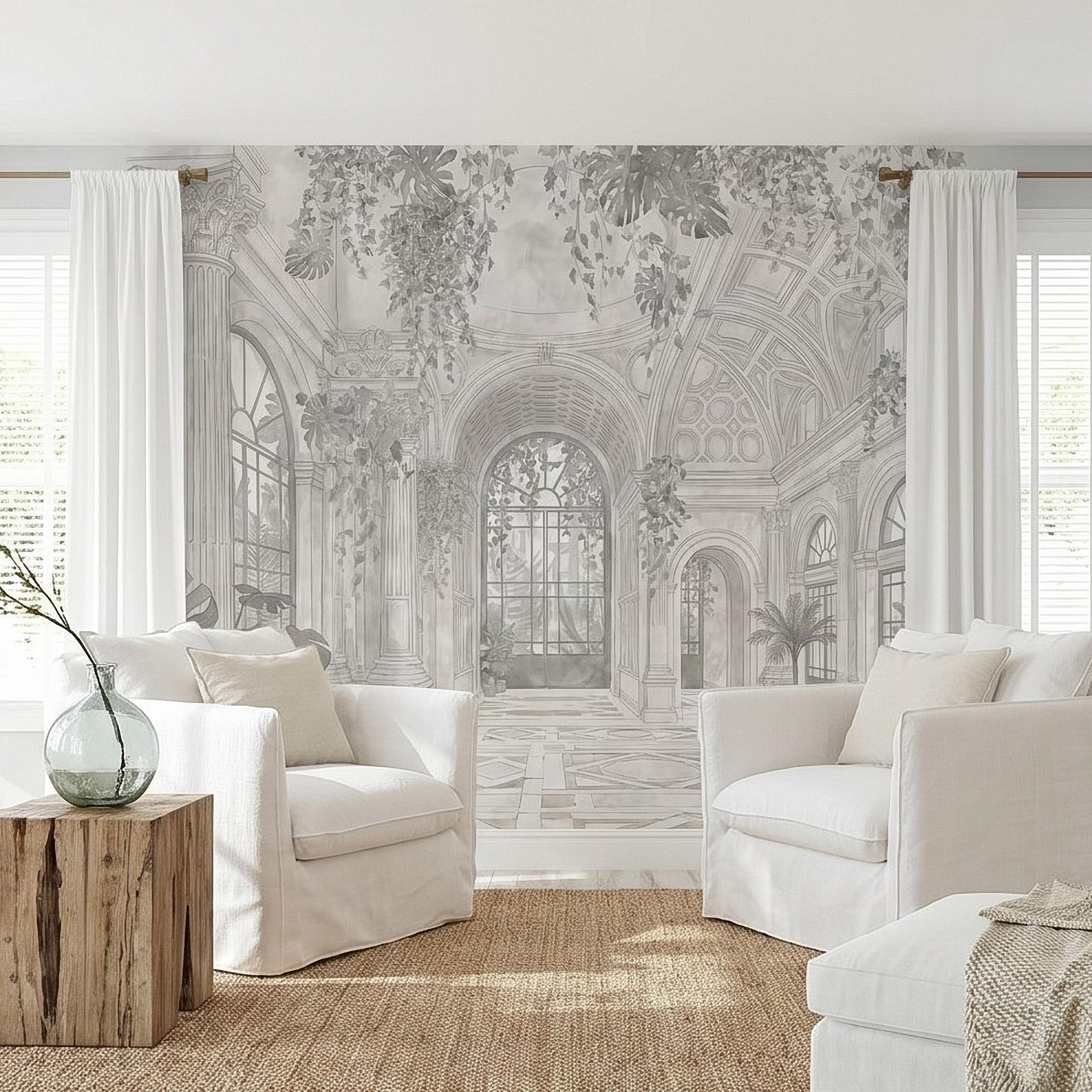 Botanical Conservatory Peel and Stick Wall Mural, Vintage Greenhouse Atrium with Arches Columns, Monochrome Pencil Sketch Wallpaper