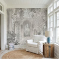 Botanical Conservatory Peel and Stick Wall Mural, Vintage Greenhouse Atrium with Arches Columns, Monochrome Pencil Sketch Wallpaper