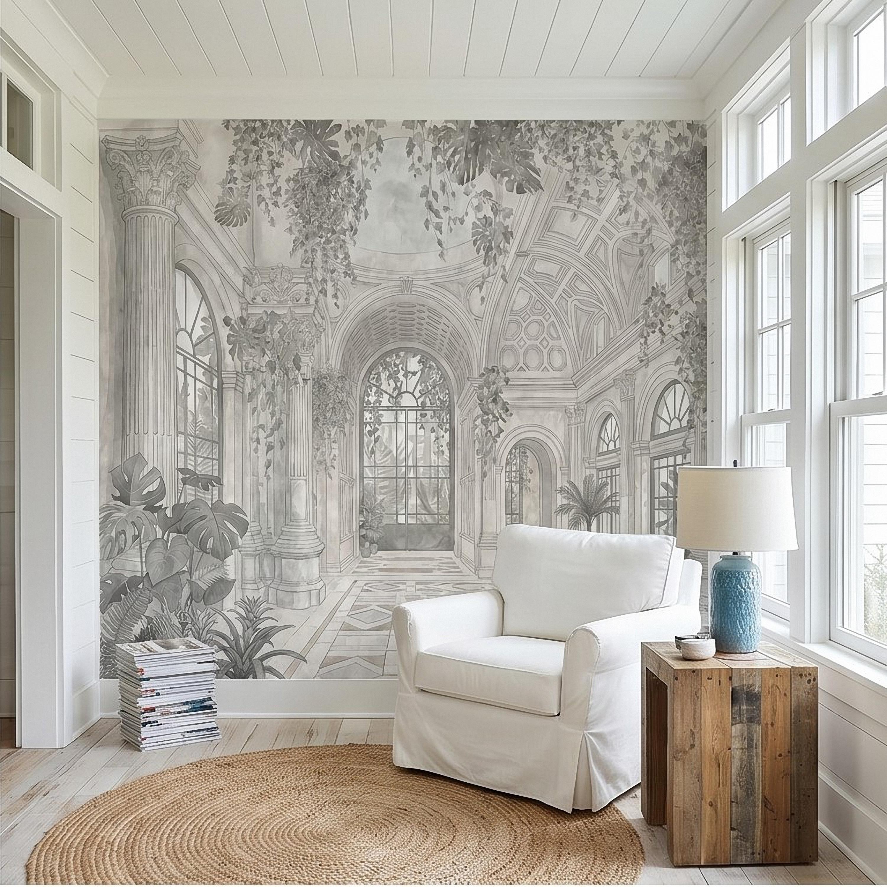Botanical Conservatory Peel and Stick Wall Mural, Vintage Greenhouse Atrium with Arches Columns, Monochrome Pencil Sketch Wallpaper