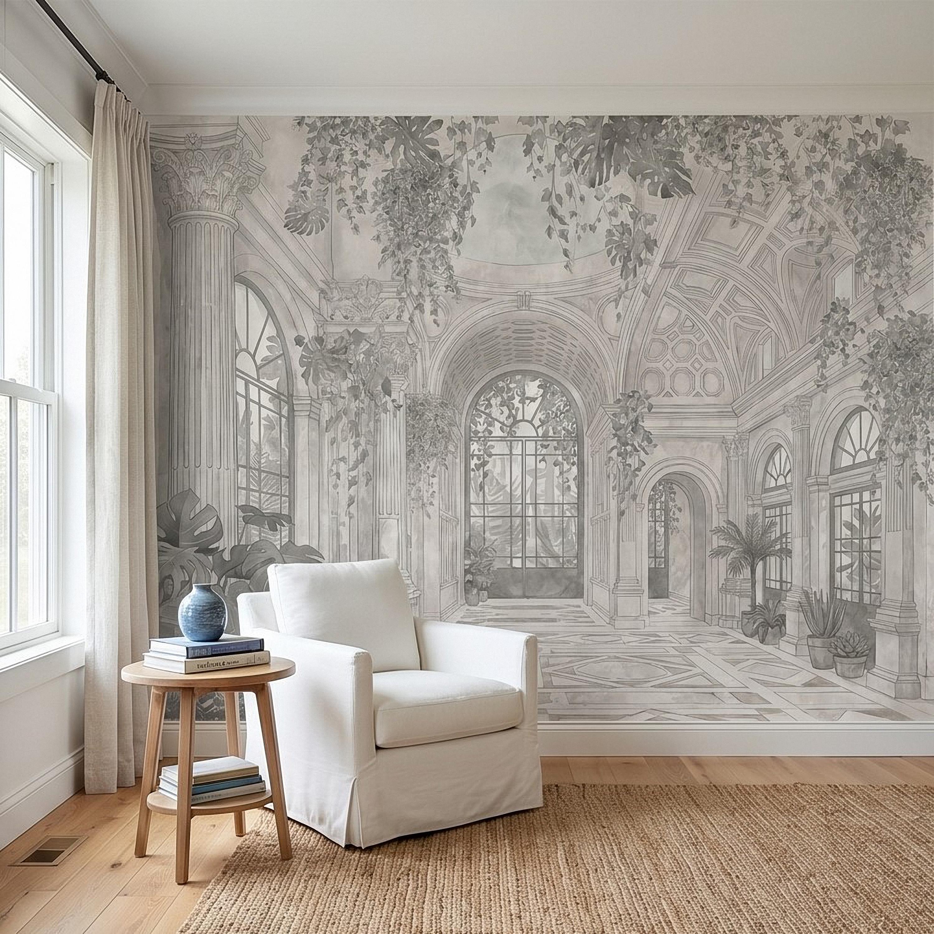 Botanical Conservatory Peel and Stick Wall Mural, Vintage Greenhouse Atrium with Arches Columns, Monochrome Pencil Sketch Wallpaper
