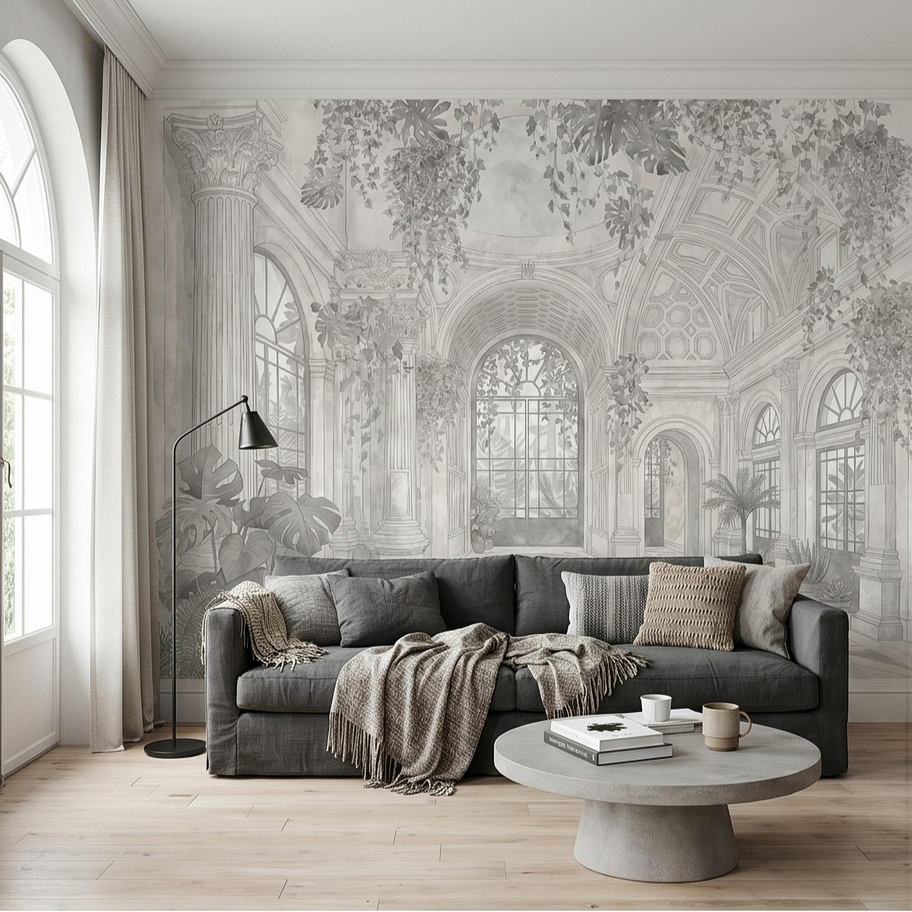 Botanical Conservatory Peel and Stick Wall Mural, Vintage Greenhouse Atrium with Arches Columns, Monochrome Pencil Sketch Wallpaper