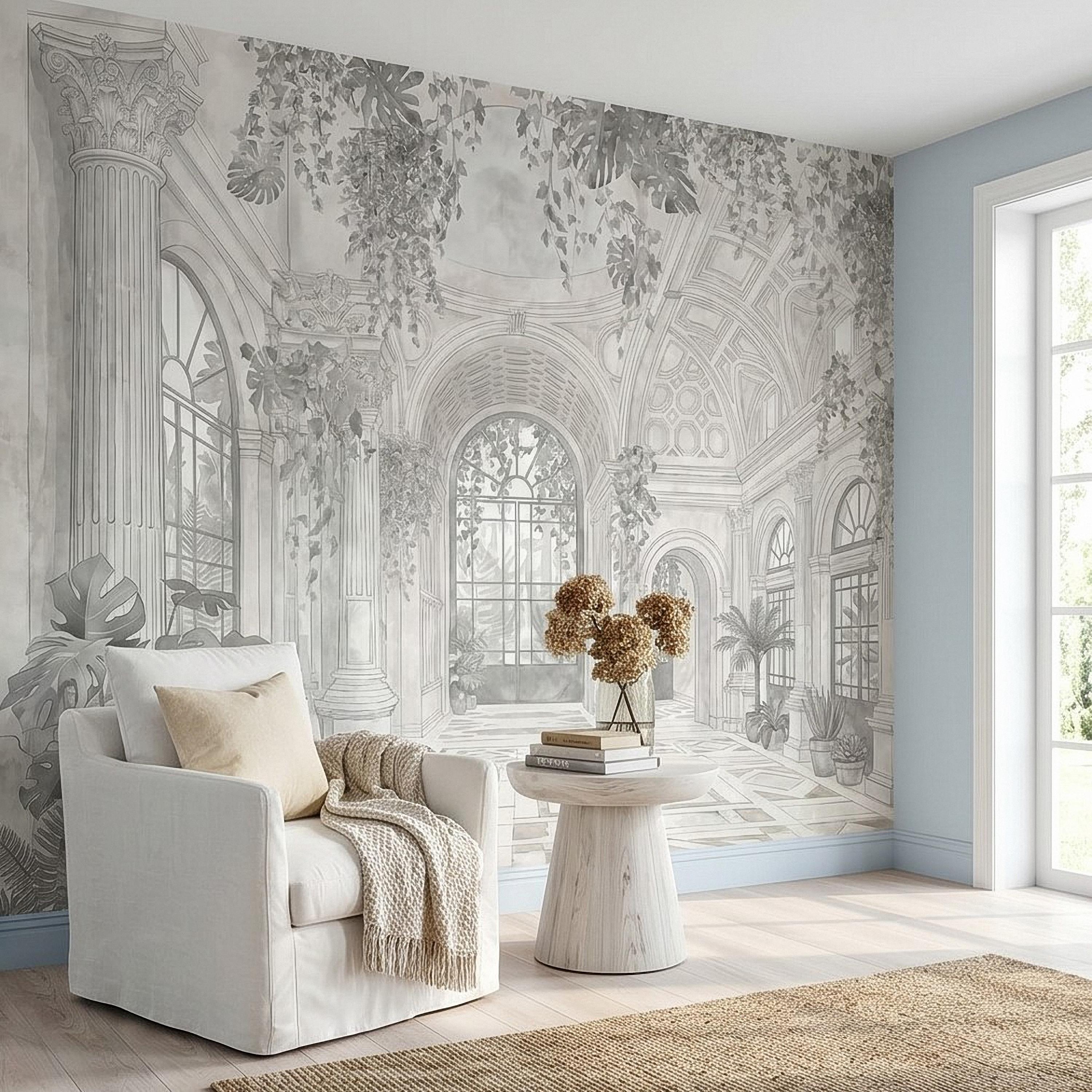 Botanical Conservatory Peel and Stick Wall Mural, Vintage Greenhouse Atrium with Arches Columns, Monochrome Pencil Sketch Wallpaper