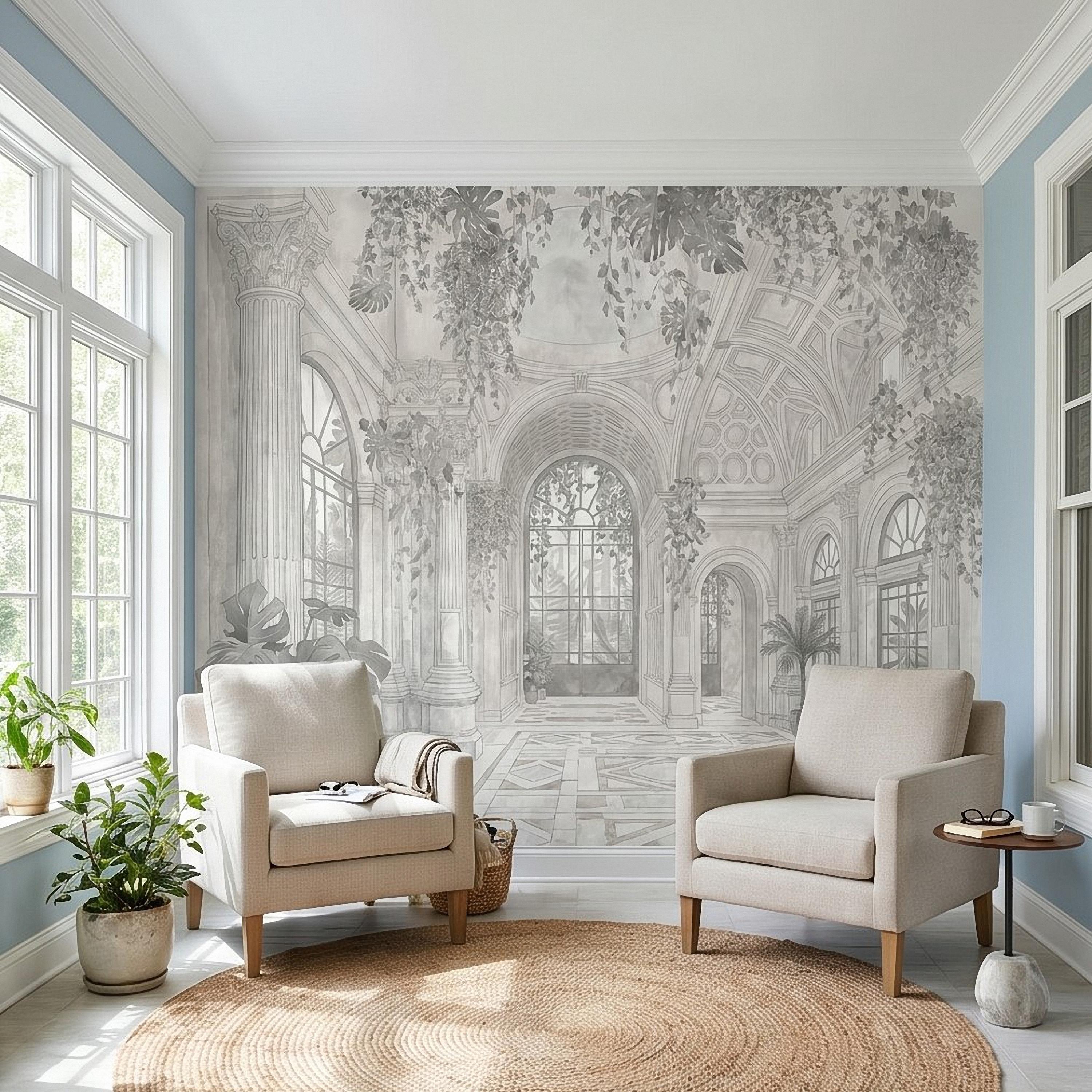 Botanical Conservatory Peel and Stick Wall Mural, Vintage Greenhouse Atrium with Arches Columns, Monochrome Pencil Sketch Wallpaper