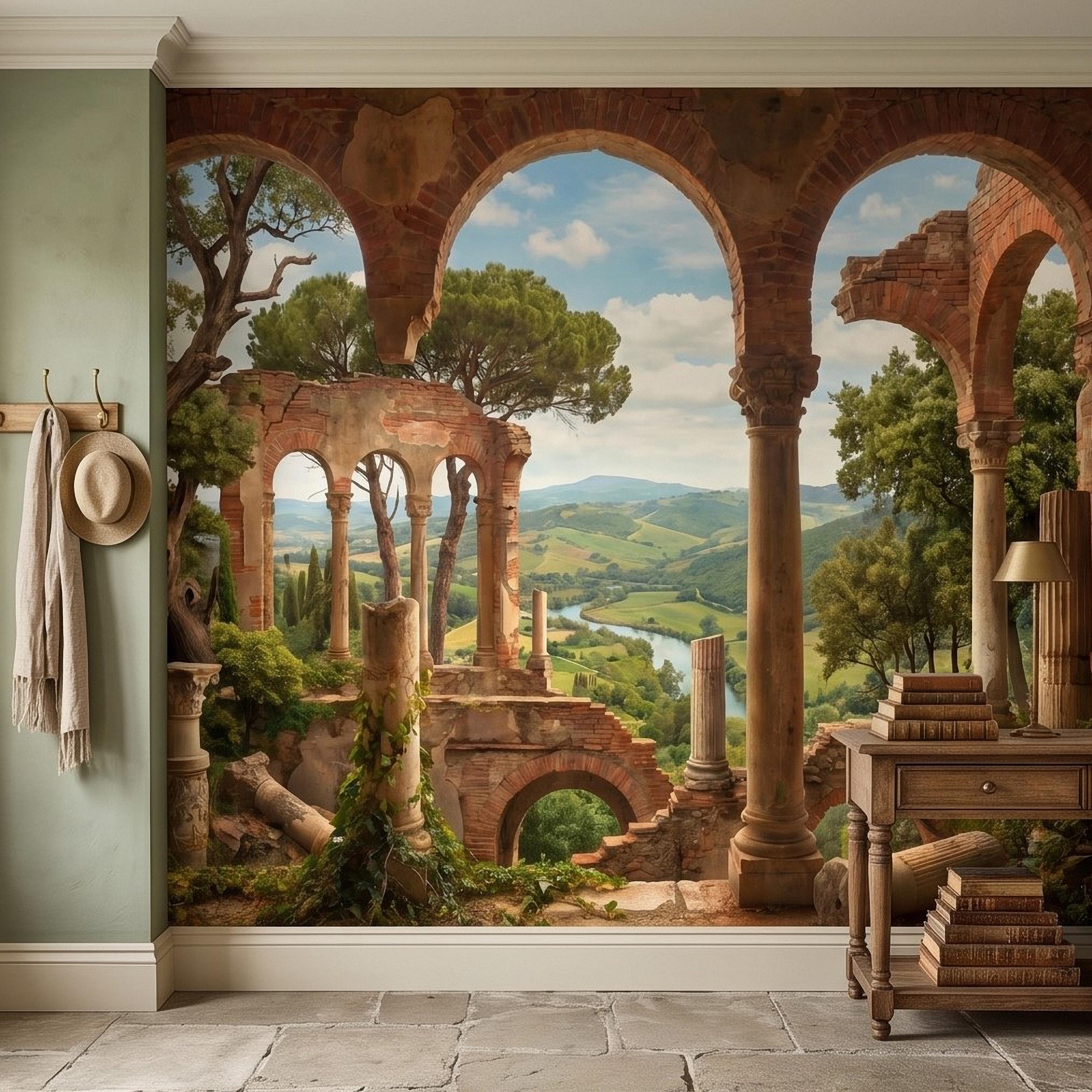 Roman Ruins Archway Peel and Stick Wall Mural, Tuscan Countryside Valley View, Ancient Columns, Mediterranean Landscape Scenic Wallpaper