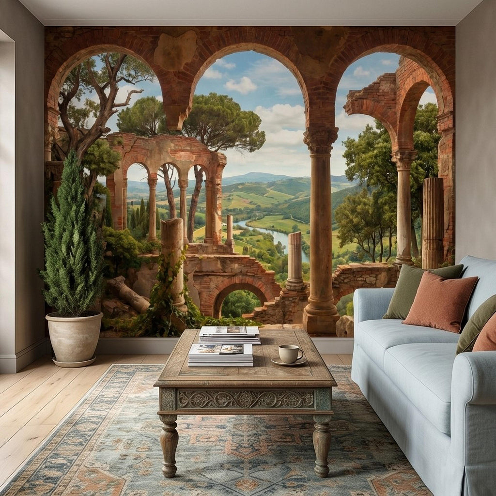 Roman Ruins Archway Peel and Stick Wall Mural, Tuscan Countryside Valley View, Ancient Columns, Mediterranean Landscape Scenic Wallpaper