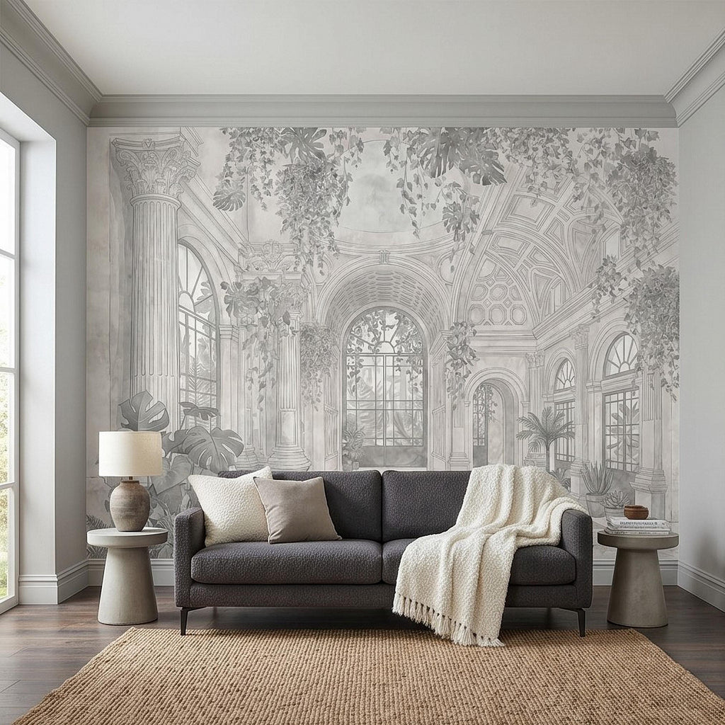 Botanical Conservatory Peel and Stick Wall Mural, Vintage Greenhouse Atrium with Arches Columns, Monochrome Pencil Sketch Wallpaper