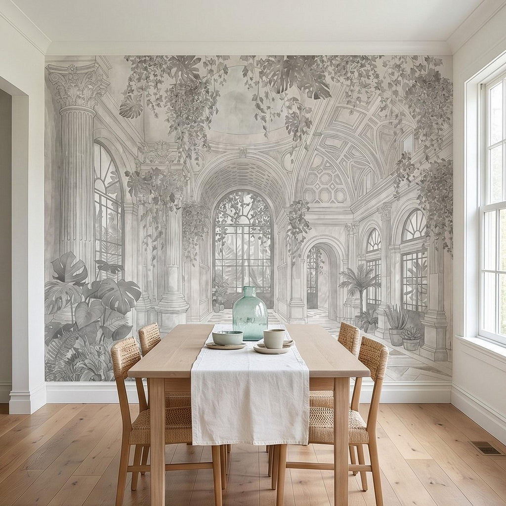 Botanical Conservatory Peel and Stick Wall Mural, Vintage Greenhouse Atrium with Arches Columns, Monochrome Pencil Sketch Wallpaper