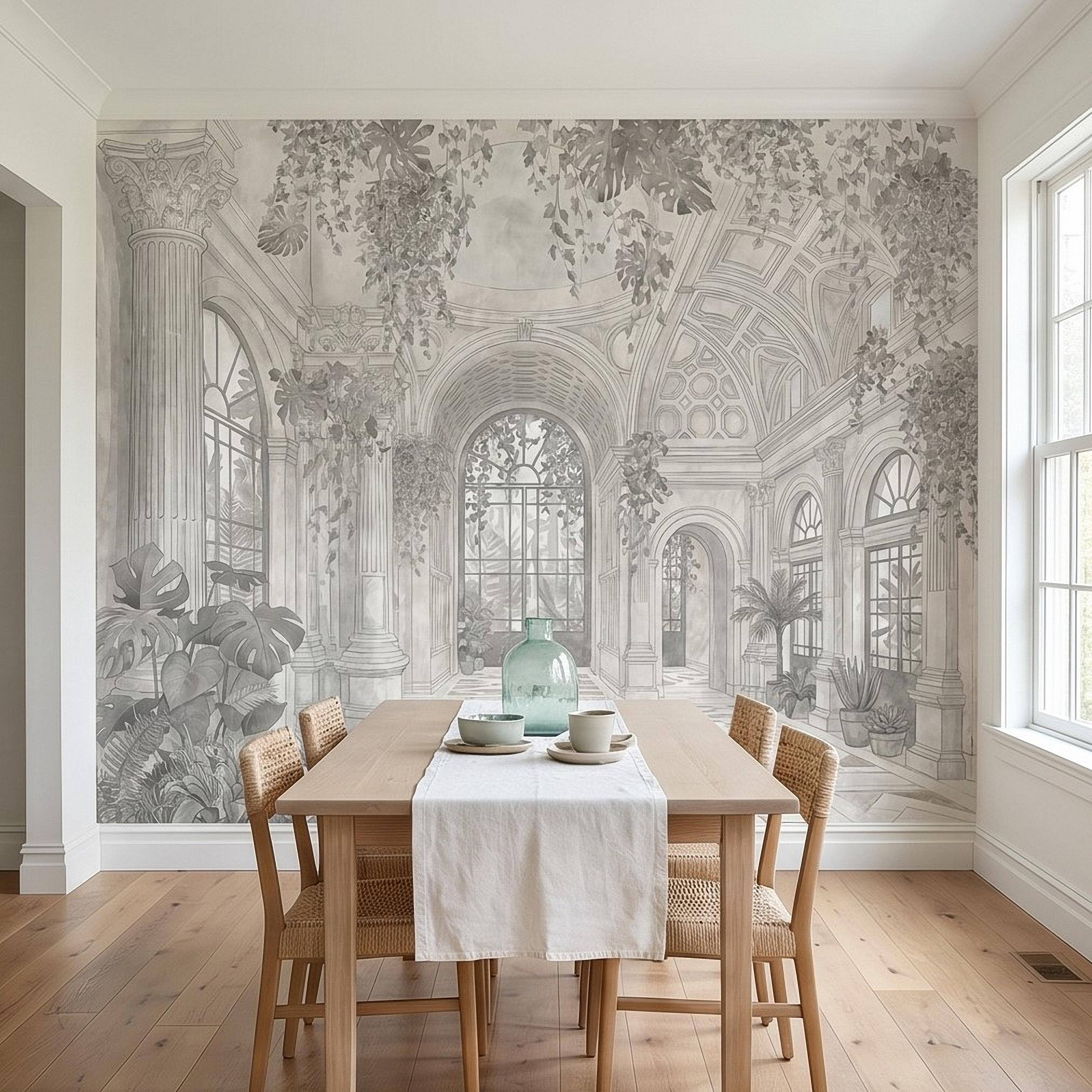 Botanical Conservatory Peel and Stick Wall Mural, Vintage Greenhouse Atrium with Arches Columns, Monochrome Pencil Sketch Wallpaper