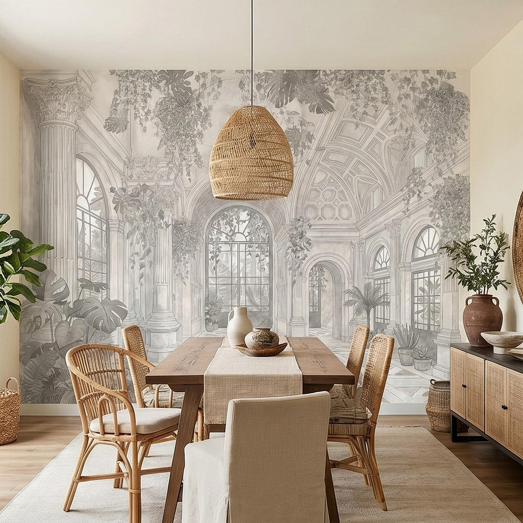 Botanical Conservatory Peel and Stick Wall Mural, Vintage Greenhouse Atrium with Arches Columns, Monochrome Pencil Sketch Wallpaper