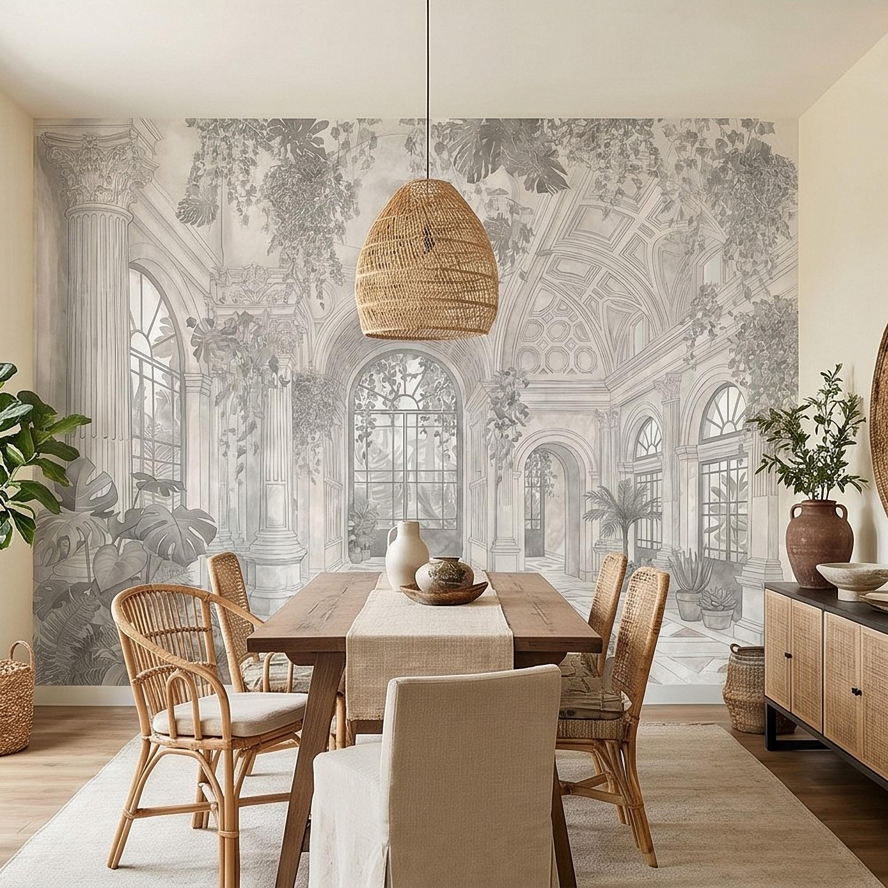 Botanical Conservatory Peel and Stick Wall Mural, Vintage Greenhouse Atrium with Arches Columns, Monochrome Pencil Sketch Wallpaper