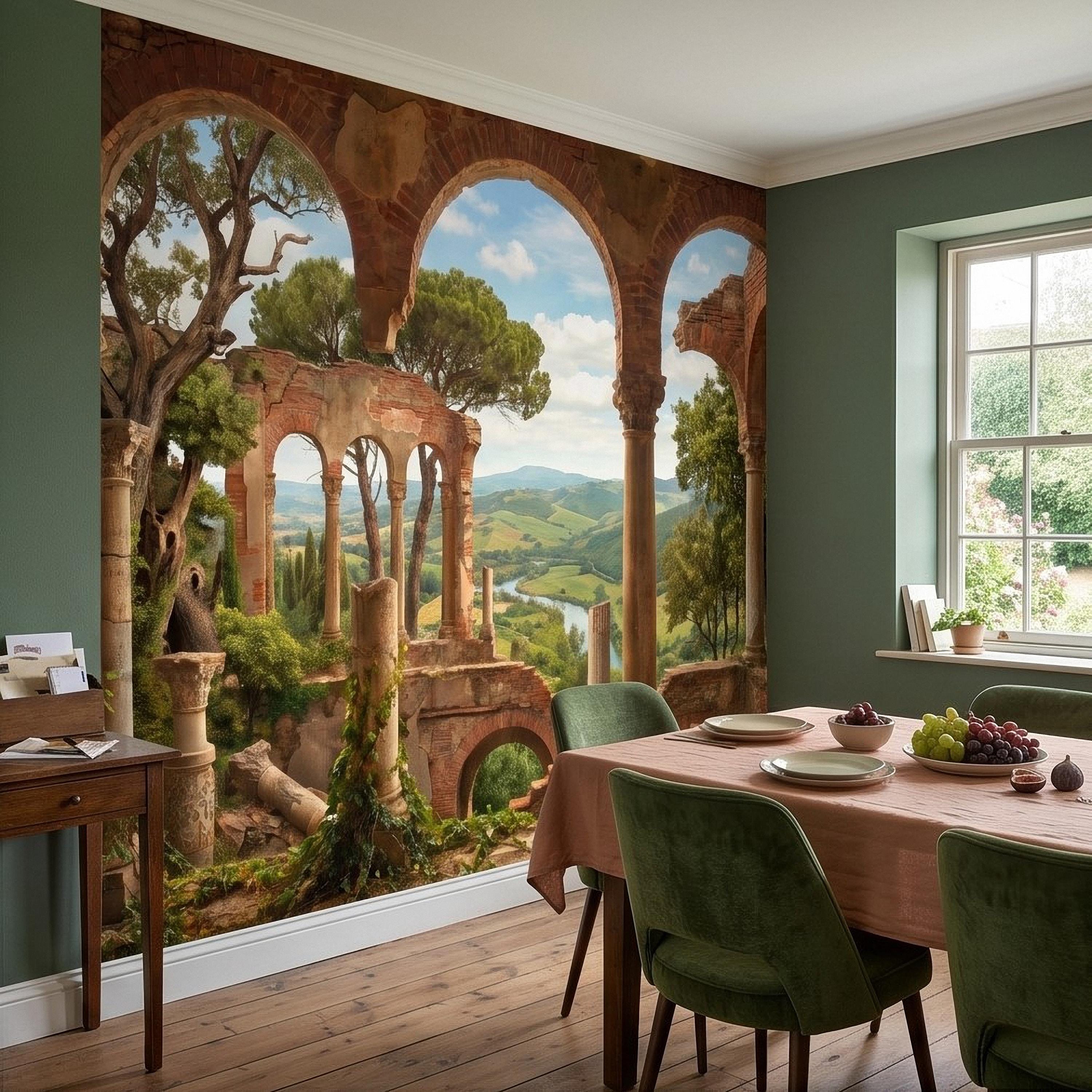 Roman Ruins Archway Peel and Stick Wall Mural, Tuscan Countryside Valley View, Ancient Columns, Mediterranean Landscape Scenic Wallpaper