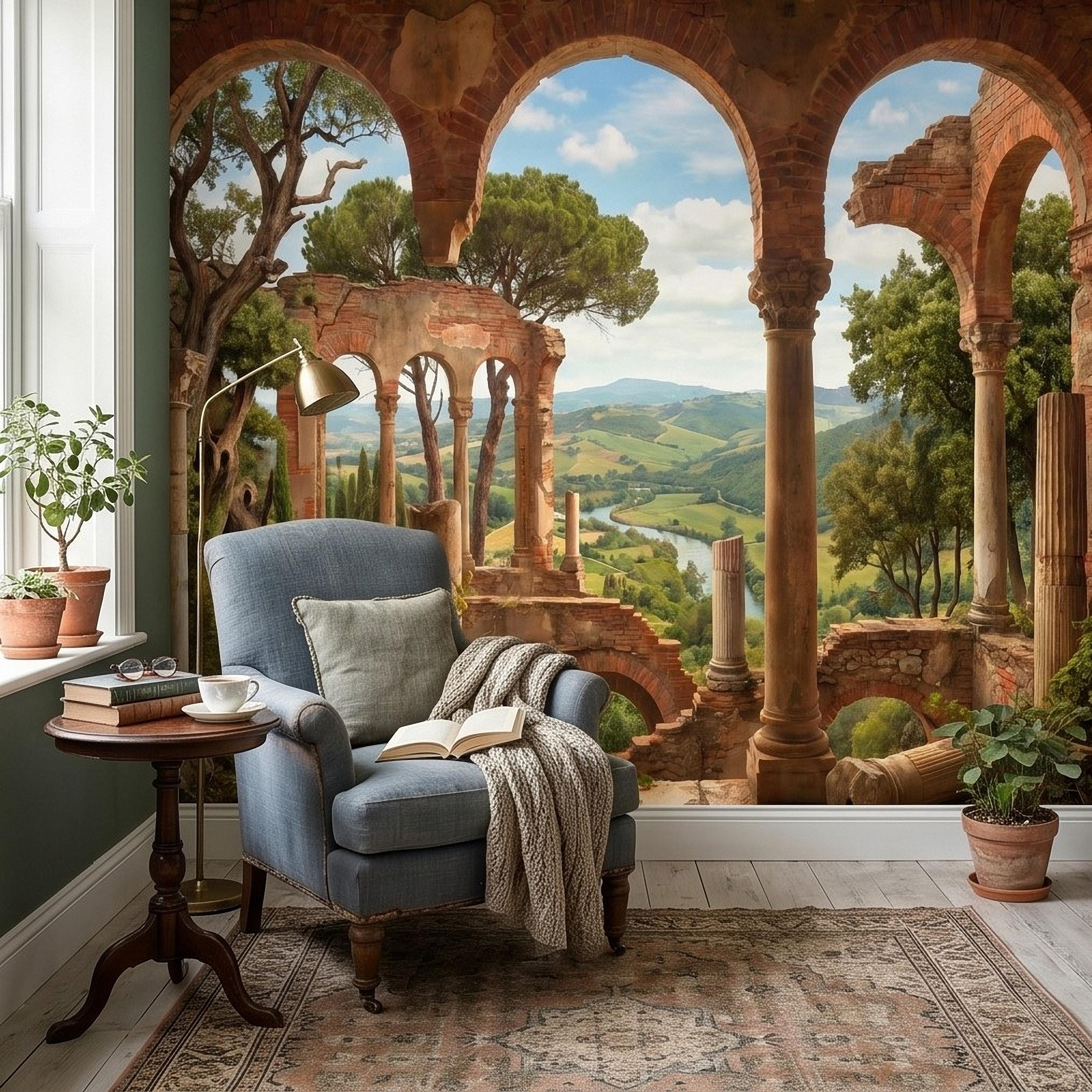 Roman Ruins Archway Peel and Stick Wall Mural, Tuscan Countryside Valley View, Ancient Columns, Mediterranean Landscape Scenic Wallpaper