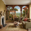 Roman Ruins Archway Peel and Stick Wall Mural, Tuscan Countryside Valley View, Ancient Columns, Mediterranean Landscape Scenic Wallpaper