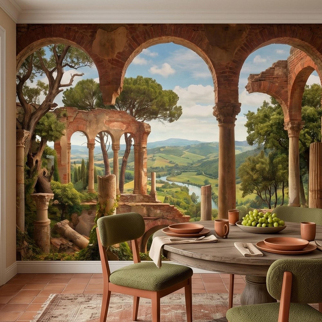 Roman Ruins Archway Peel and Stick Wall Mural, Tuscan Countryside Valley View, Ancient Columns, Mediterranean Landscape Scenic Wallpaper