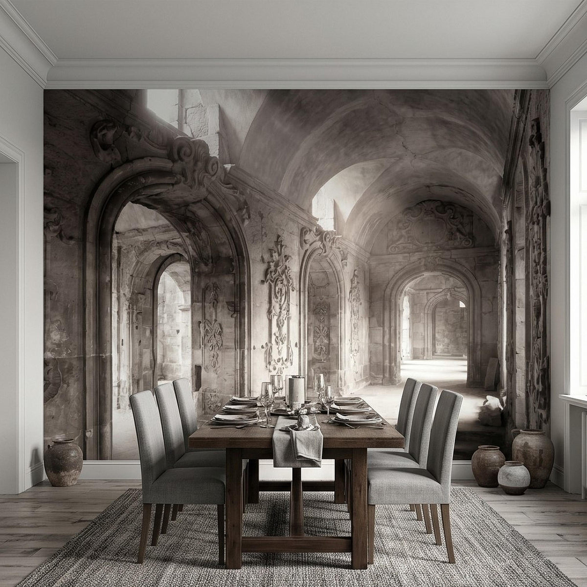 Monochrome baroque hallway wall mural with tall arched vaults and ornate pillars