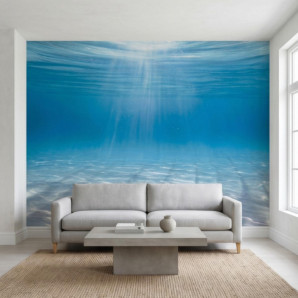 Underwater Ocean Sun Rays Peel and Stick Wall Mural, Aqua Blue Shimmering Water Light Beams, Tropical Pool Seascape Wallpaper