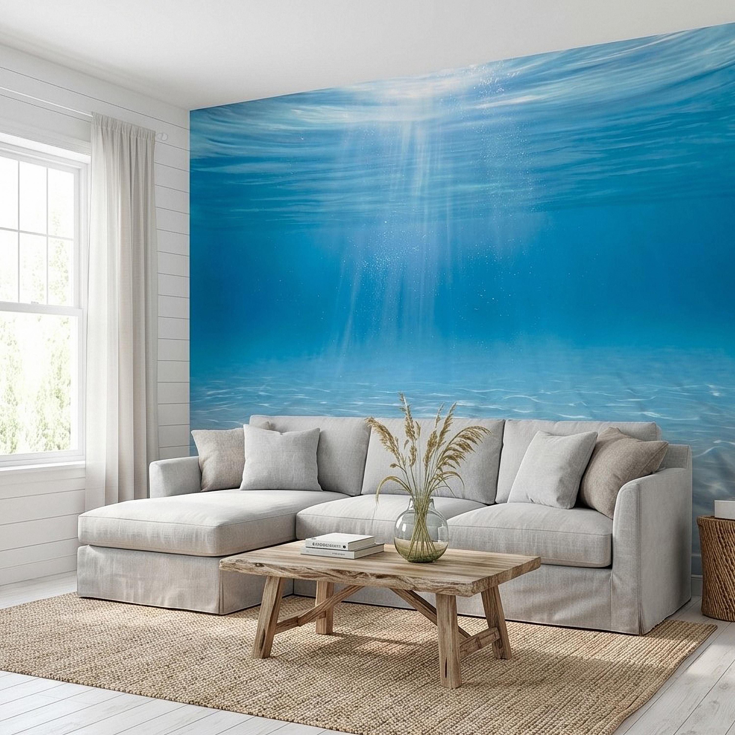 Underwater Ocean Sun Rays Peel and Stick Wall Mural, Aqua Blue Shimmering Water Light Beams, Tropical Pool Seascape Wallpaper