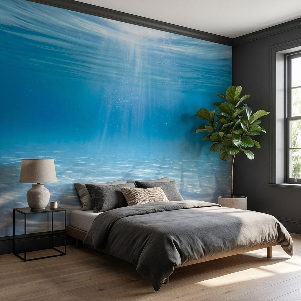 Underwater Ocean Sun Rays Peel and Stick Wall Mural, Aqua Blue Shimmering Water Light Beams, Tropical Pool Seascape Wallpaper
