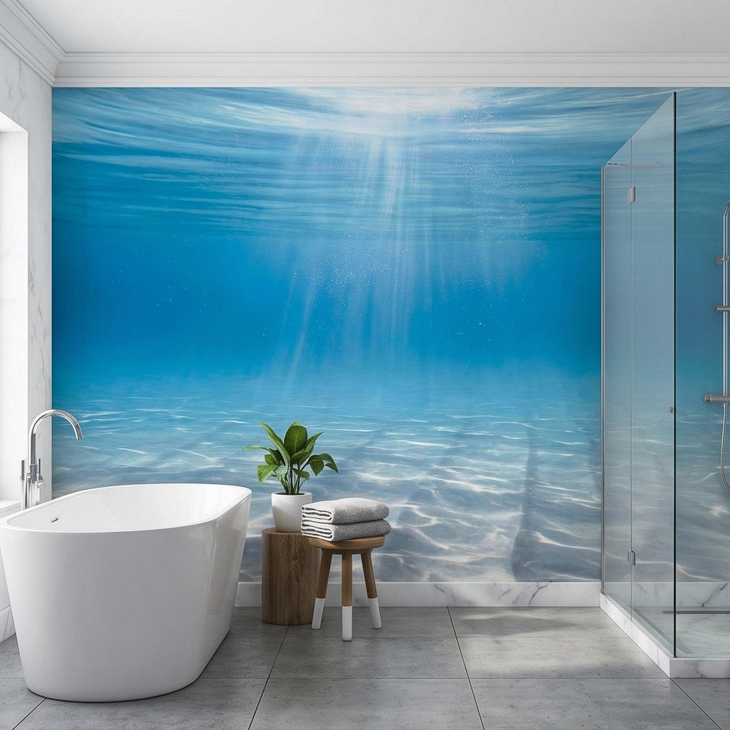 Underwater Ocean Sun Rays Peel and Stick Wall Mural, Aqua Blue Shimmering Water Light Beams, Tropical Pool Seascape Wallpaper