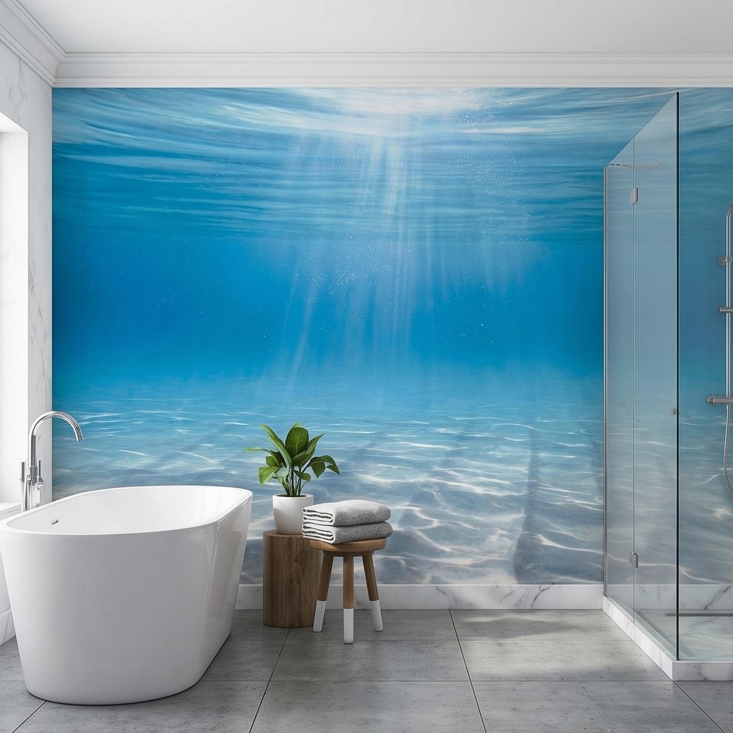 Underwater Ocean Sun Rays Peel and Stick Wall Mural, Aqua Blue Shimmering Water Light Beams, Tropical Pool Seascape Wallpaper