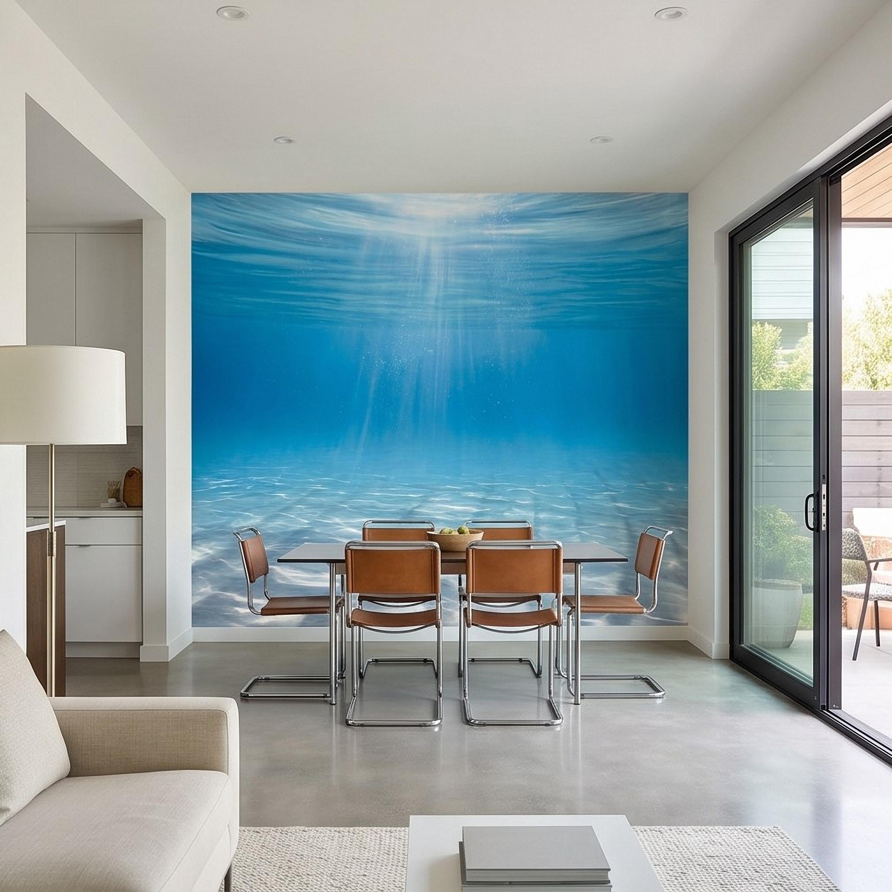 Underwater Ocean Sun Rays Peel and Stick Wall Mural, Aqua Blue Shimmering Water Light Beams, Tropical Pool Seascape Wallpaper