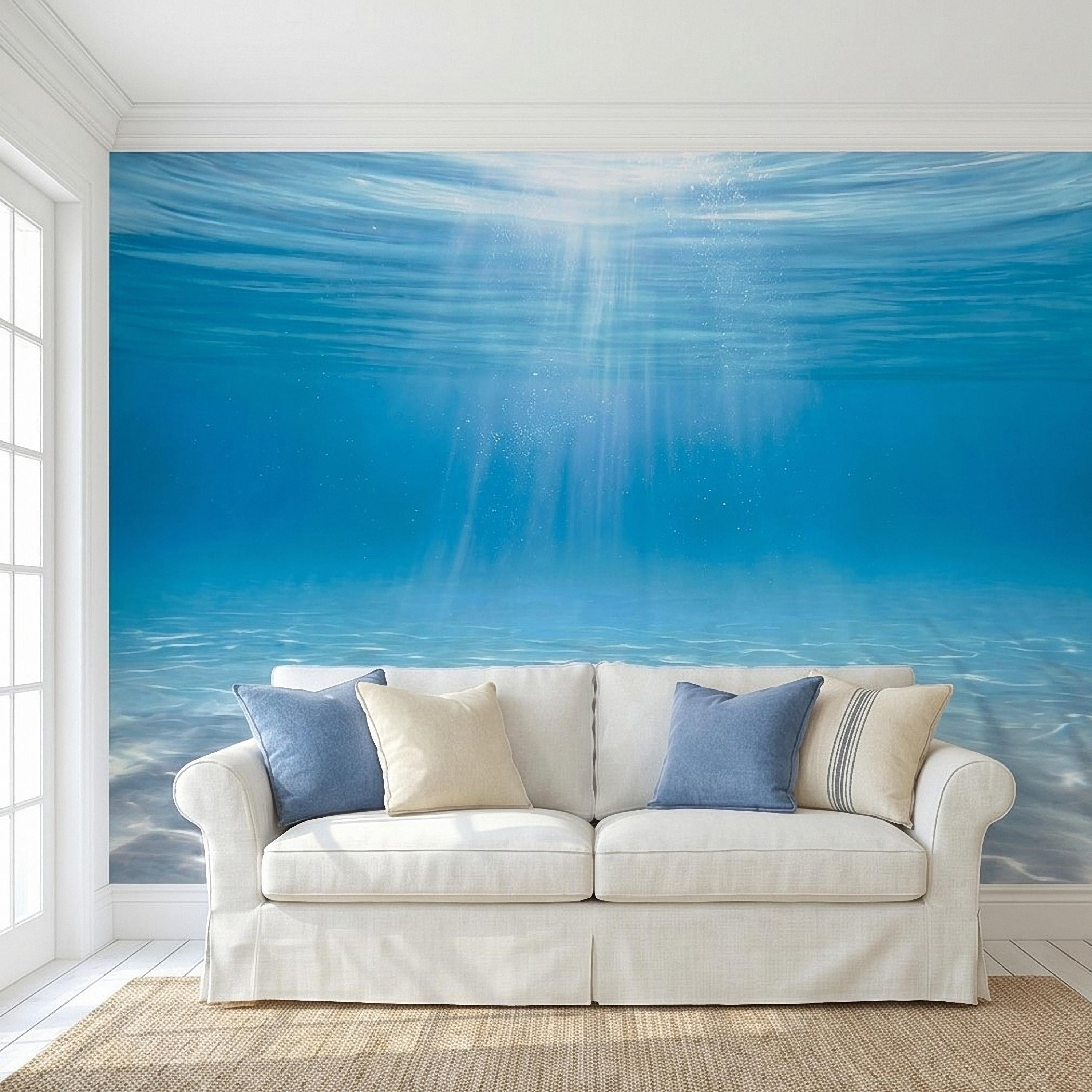Underwater Ocean Sun Rays Peel and Stick Wall Mural, Aqua Blue Shimmering Water Light Beams, Tropical Pool Seascape Wallpaper