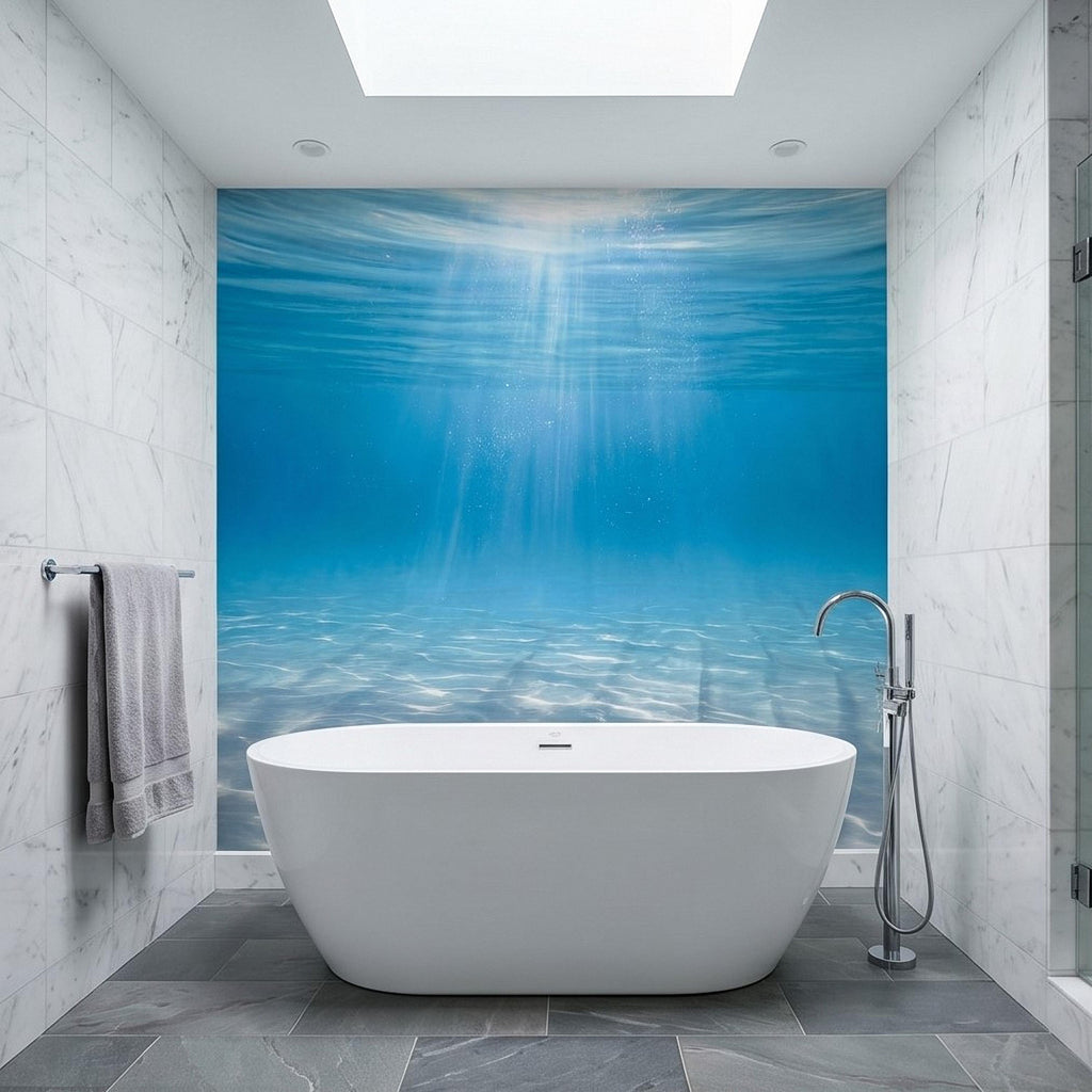 Underwater Ocean Sun Rays Peel and Stick Wall Mural, Aqua Blue Shimmering Water Light Beams, Tropical Pool Seascape Wallpaper