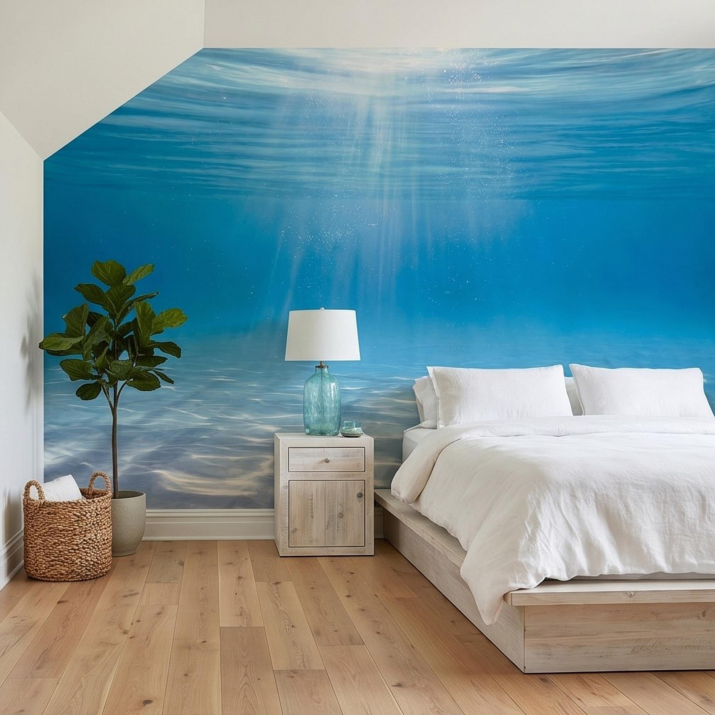 Underwater Ocean Sun Rays Peel and Stick Wall Mural, Aqua Blue Shimmering Water Light Beams, Tropical Pool Seascape Wallpaper