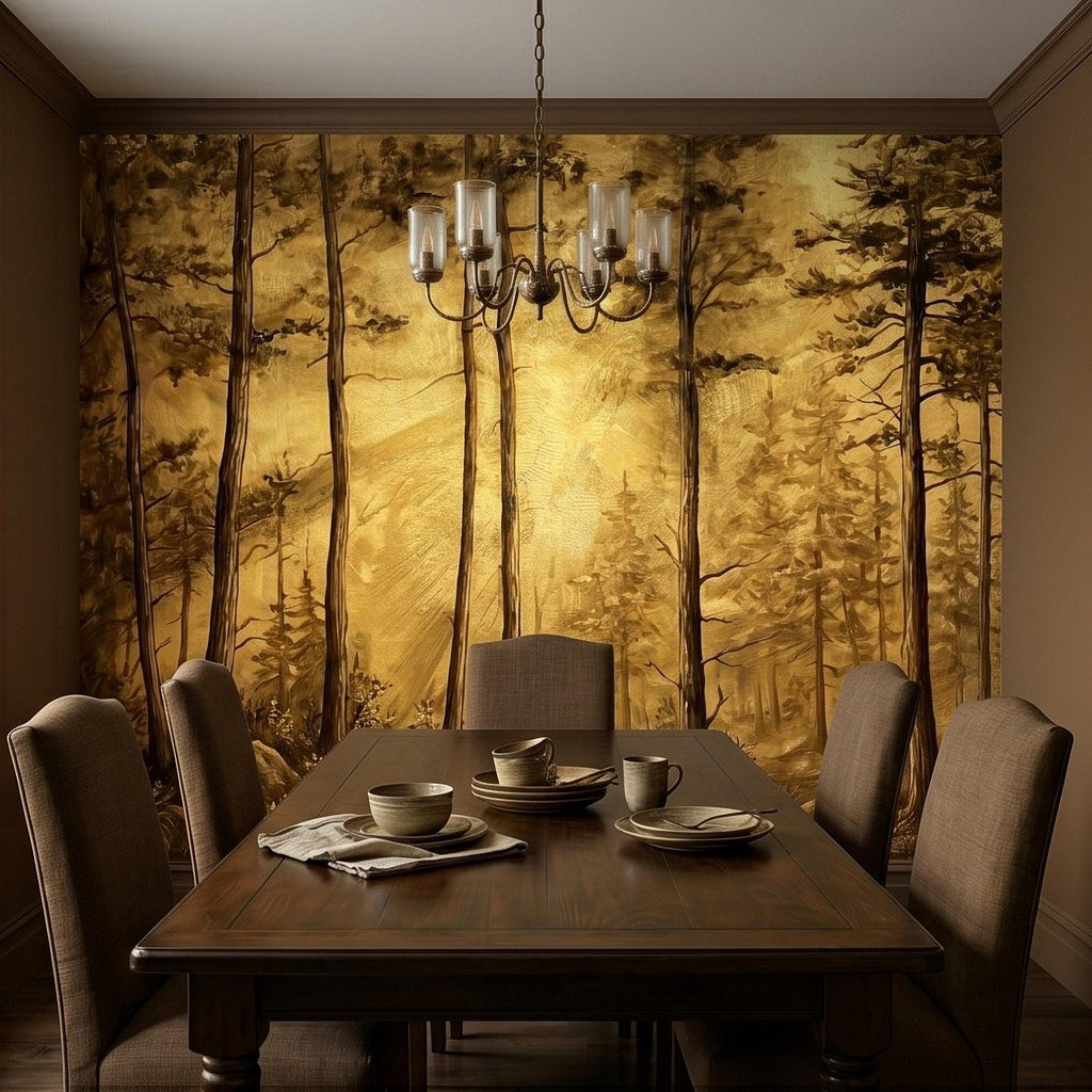 Golden Sepia Forest Peel and Stick Wall Mural, Sunlit Woodland Trees, Warm Vintage Nature Landscape, Neutral Rustic Cabin Wallpaper