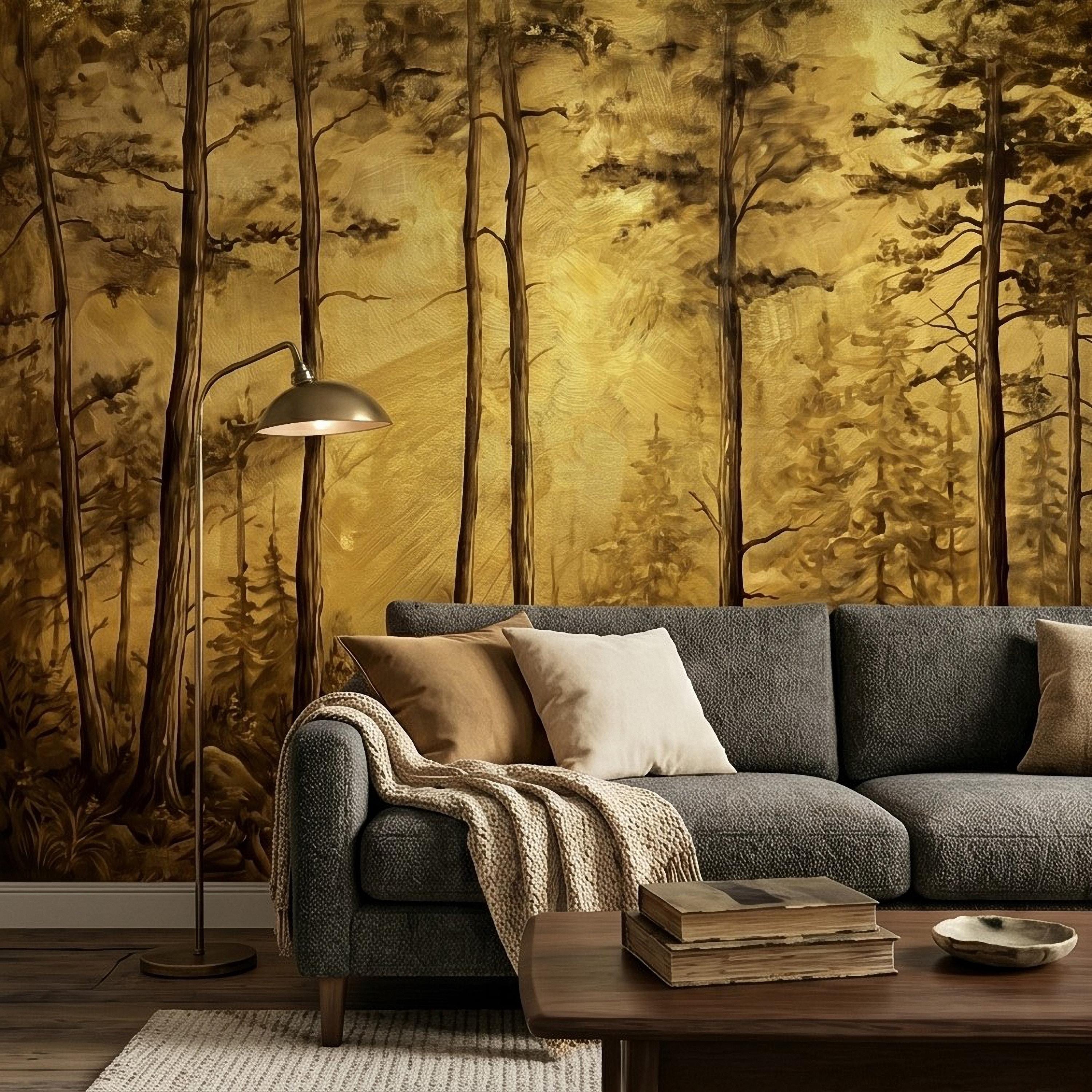 Golden Sepia Forest Peel and Stick Wall Mural, Sunlit Woodland Trees, Warm Vintage Nature Landscape, Neutral Rustic Cabin Wallpaper