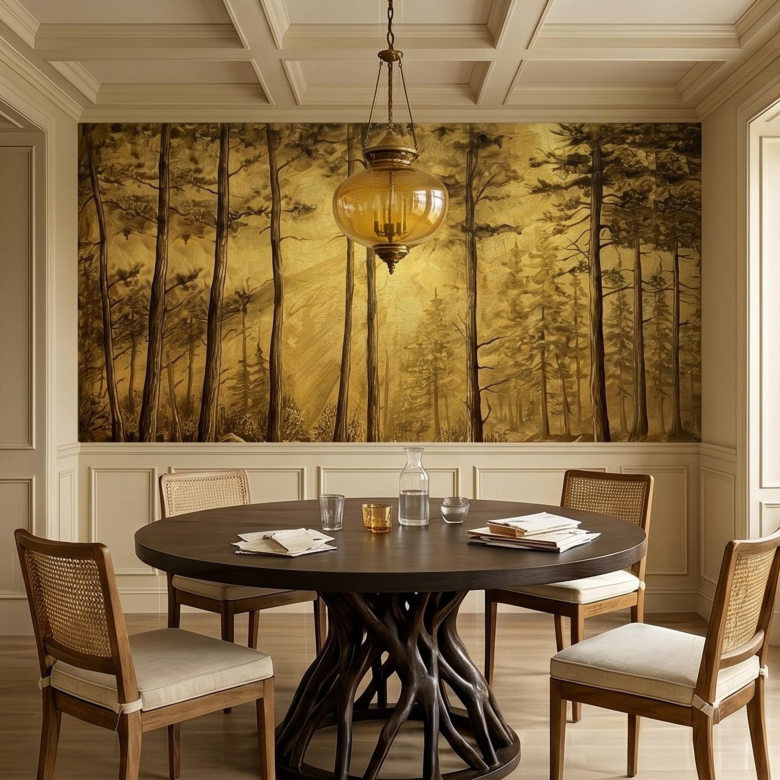Golden Sepia Forest Peel and Stick Wall Mural, Sunlit Woodland Trees, Warm Vintage Nature Landscape, Neutral Rustic Cabin Wallpaper