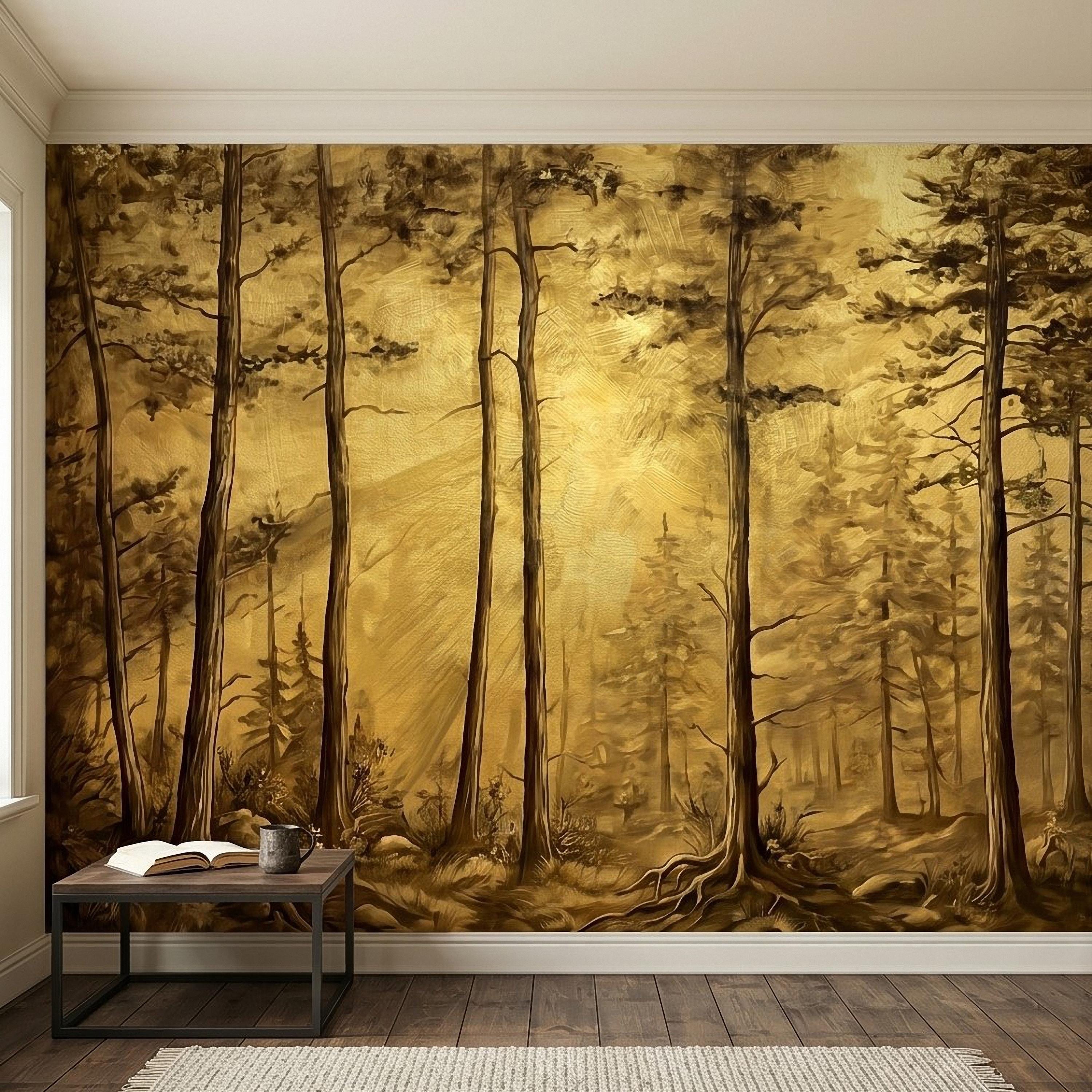 Golden Sepia Forest Peel and Stick Wall Mural, Sunlit Woodland Trees, Warm Vintage Nature Landscape, Neutral Rustic Cabin Wallpaper