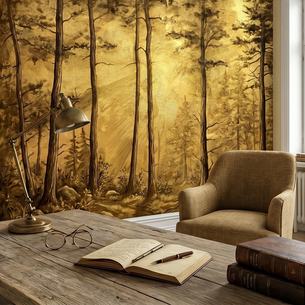Golden Sepia Forest Peel and Stick Wall Mural, Sunlit Woodland Trees, Warm Vintage Nature Landscape, Neutral Rustic Cabin Wallpaper