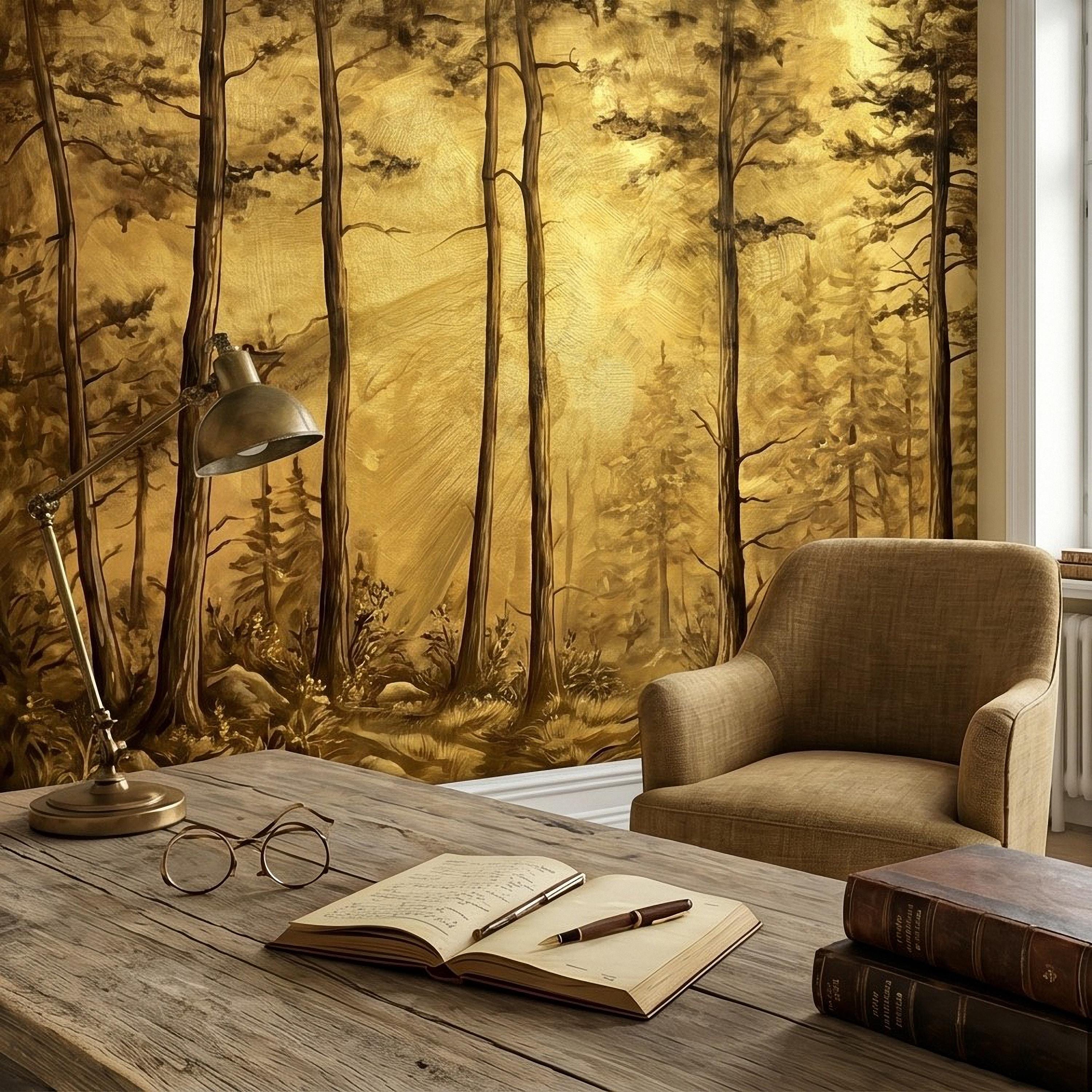 Golden Sepia Forest Peel and Stick Wall Mural, Sunlit Woodland Trees, Warm Vintage Nature Landscape, Neutral Rustic Cabin Wallpaper